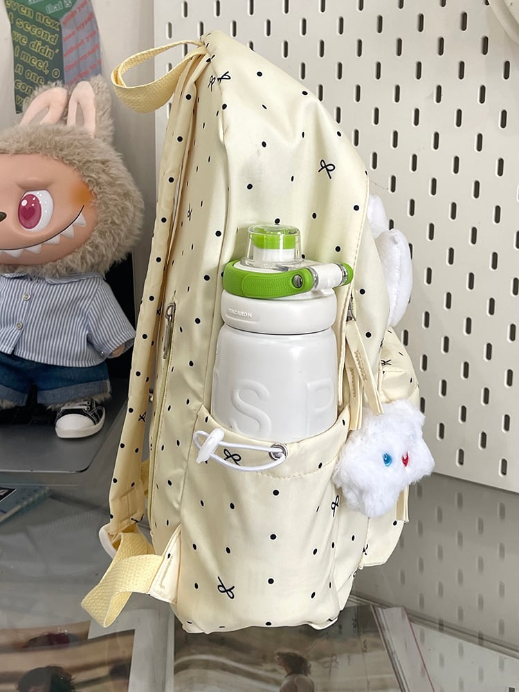 Beige Polka Dot Nylon Backpack with Embellishments