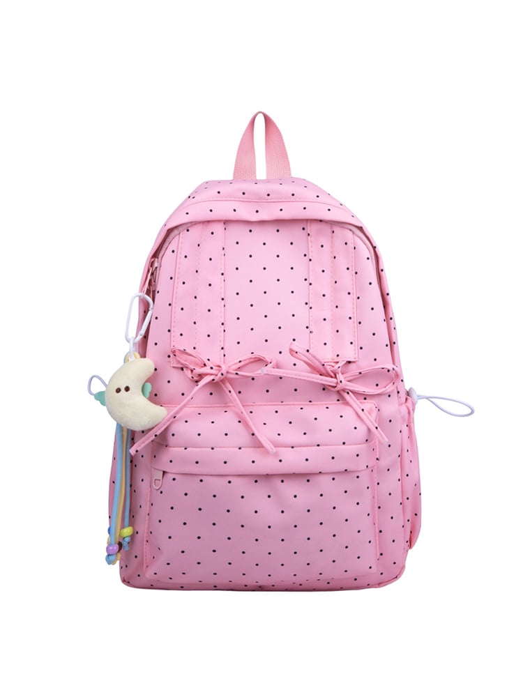 Light Pink Polka Dot Nylon Backpack with Bows and Moon Charm
