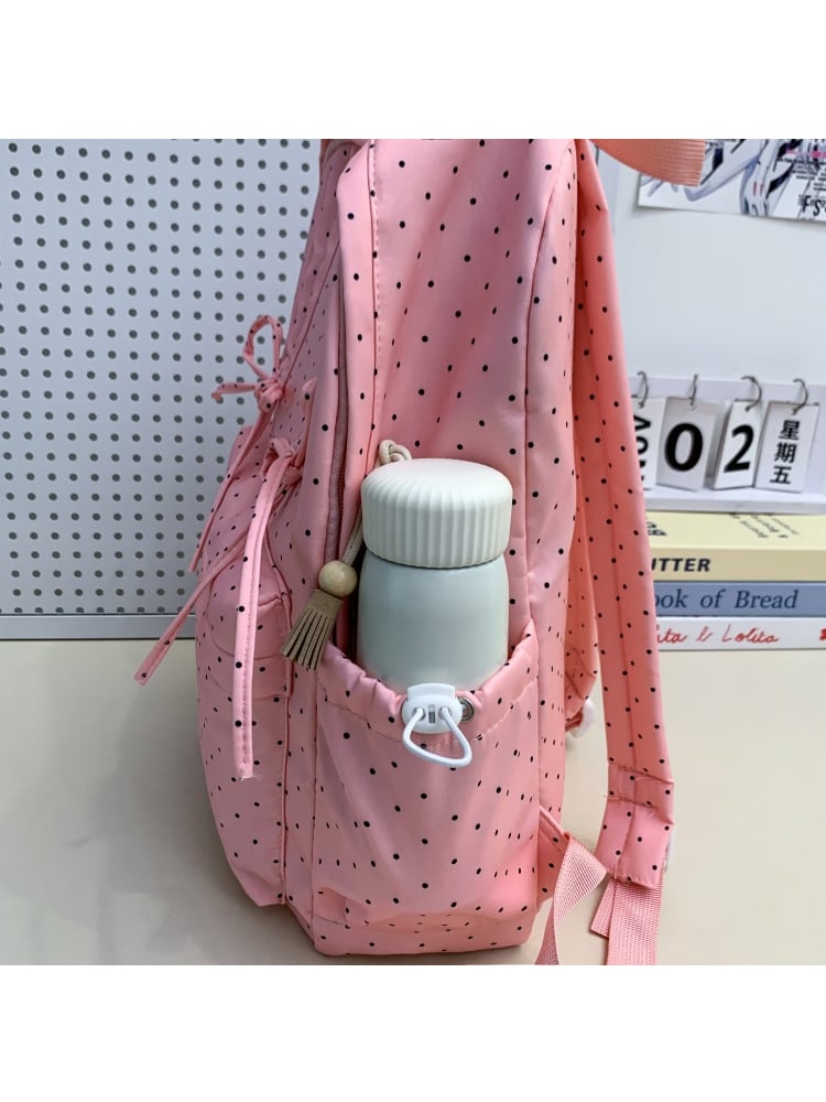 Light Pink Polka Dot Nylon Backpack with Bows and Moon Charm