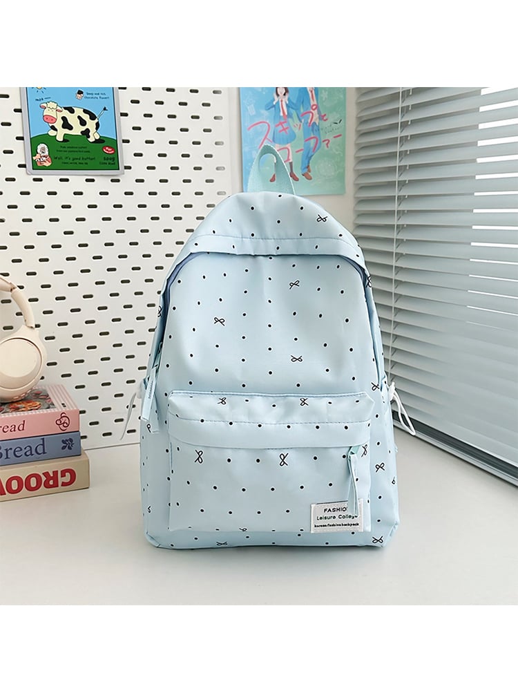 Light Blue Polka Dot Nylon Backpack with Zip Closure