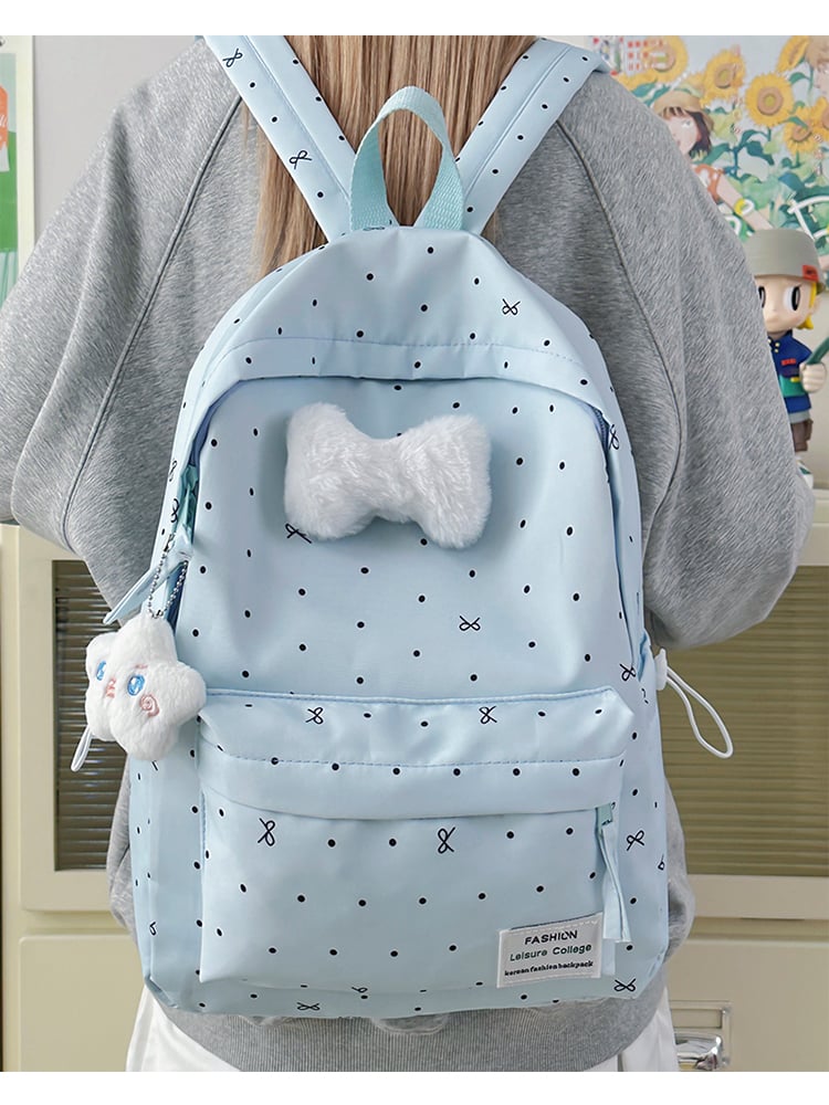 Light Blue Polka Dot Nylon Backpack with Zip Closure