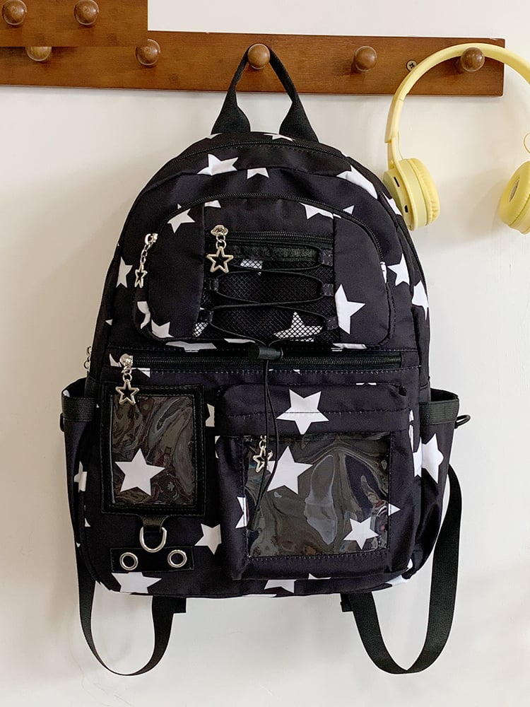 Star Print Nylon Backpack with Clear Pockets