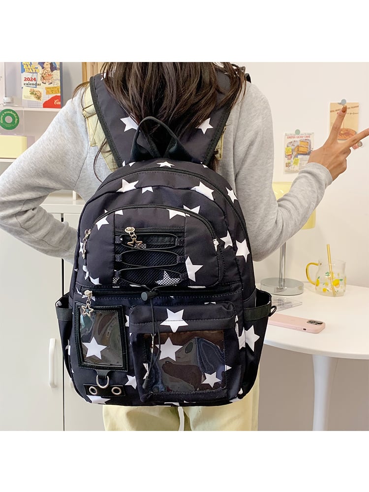 Star Print Nylon Backpack with Clear Pockets