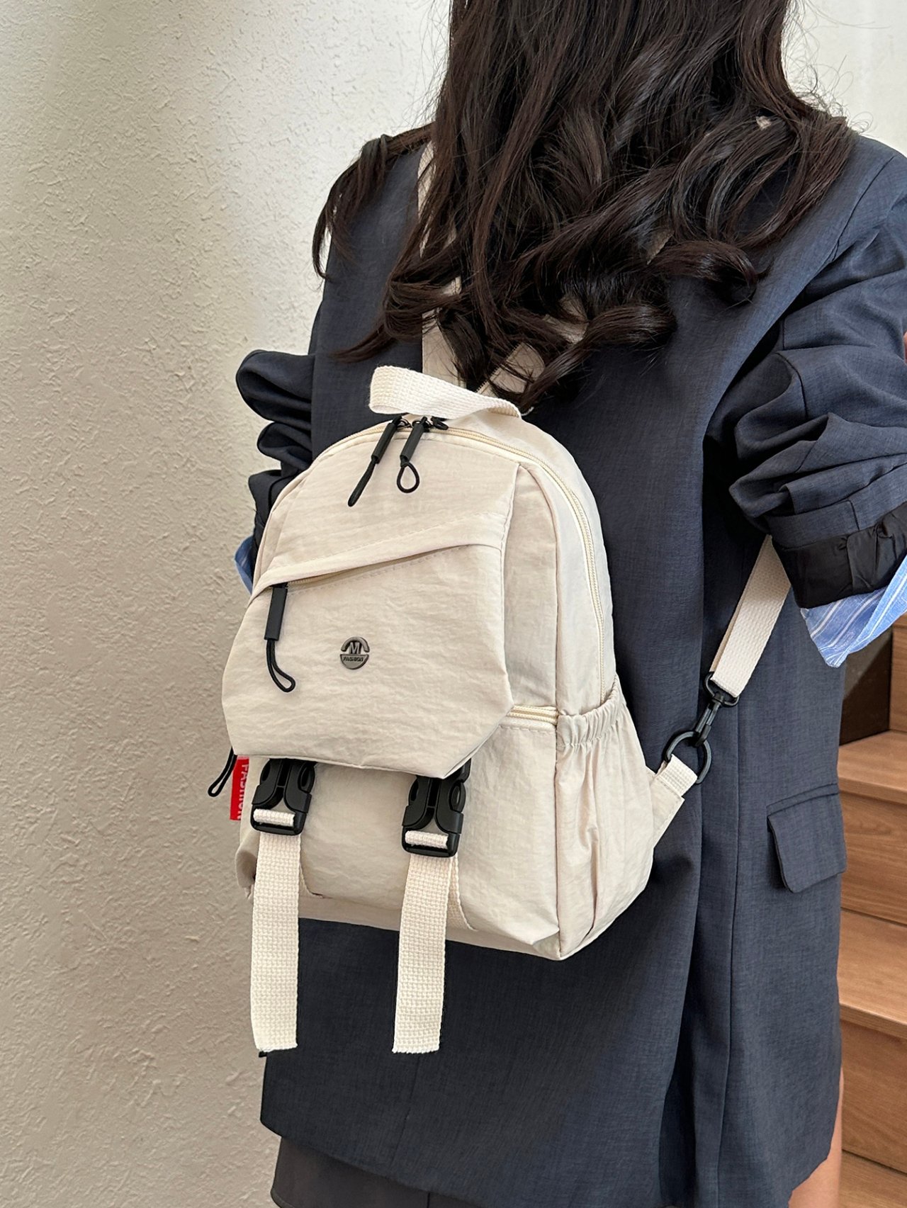 Kids Plain Beige Nylon Casual Backpack with Zip Closure