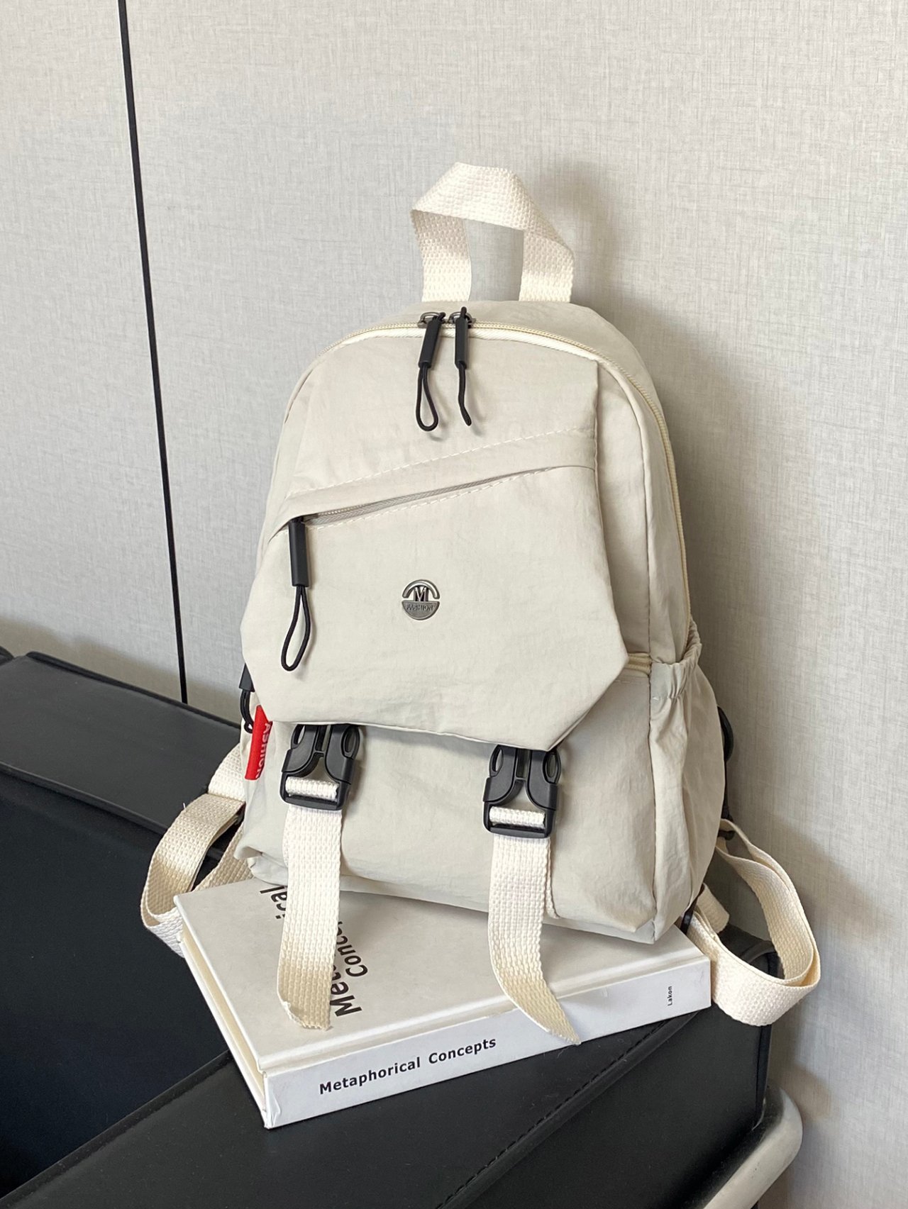 Kids Plain Beige Nylon Casual Backpack with Zip Closure