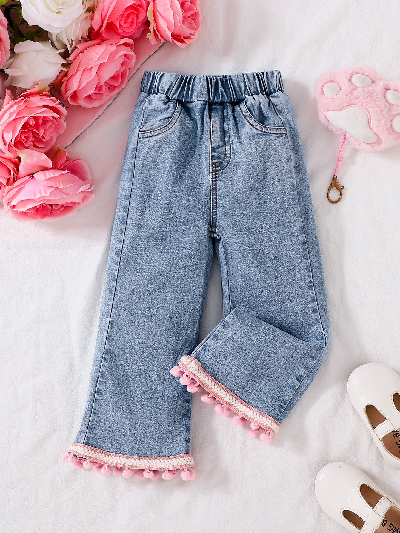 Girls Embellished Straight-Fit Jeans With Elastic Waist