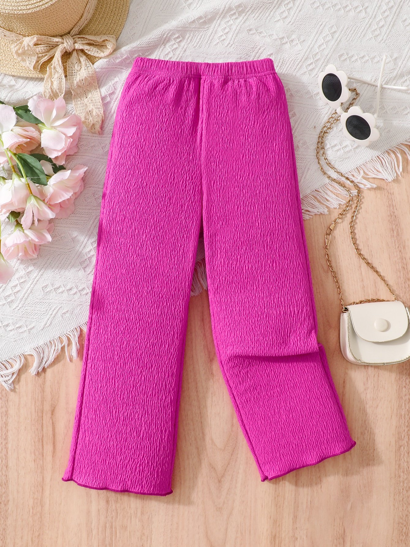 Girls Magenta Crinkle Texture Wide Leg Pants