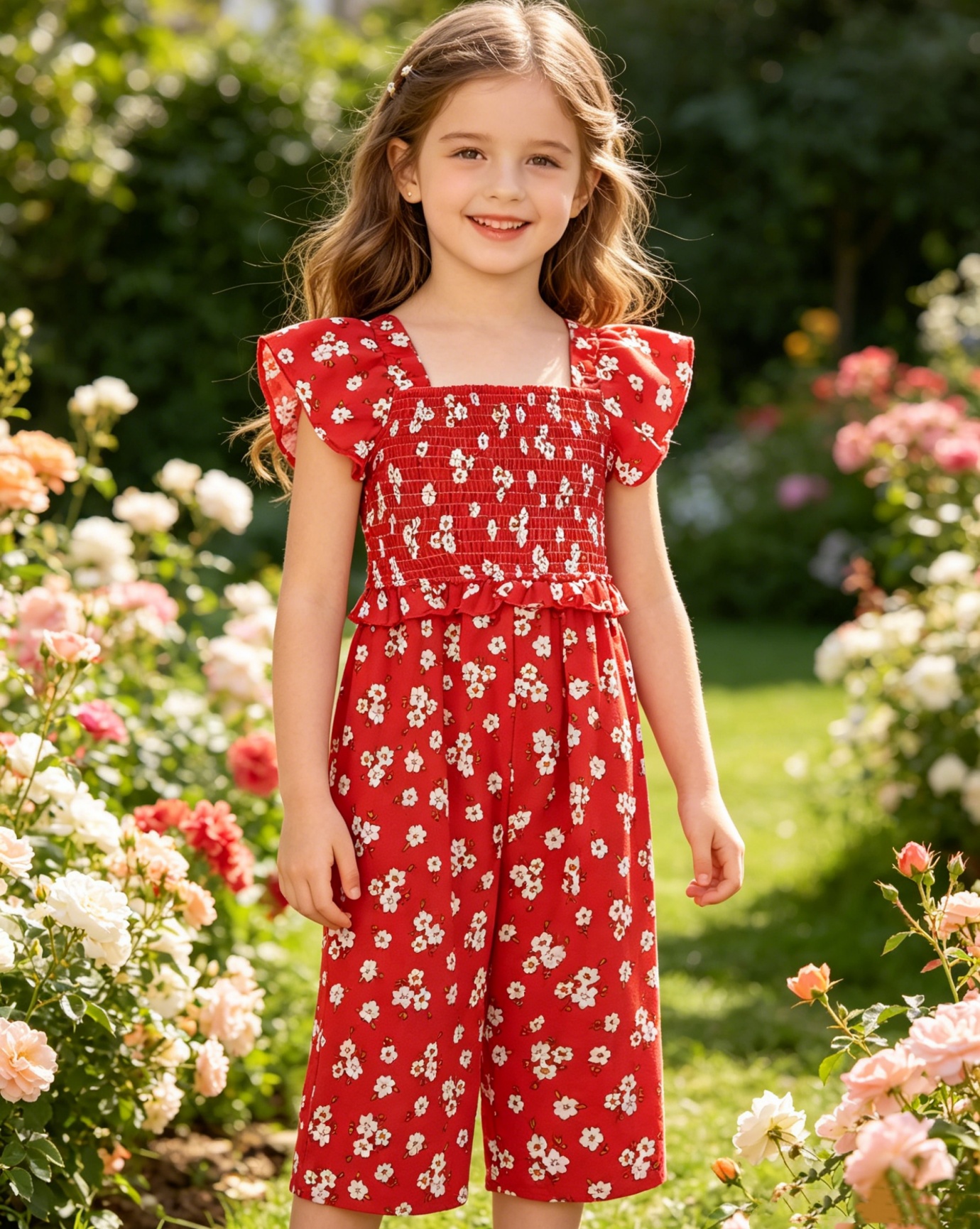 Girls Red Floral Print Cropped Cotton Trousers