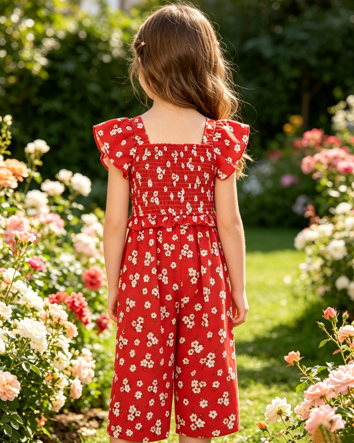 Girls Red Floral Print Cropped Cotton Trousers