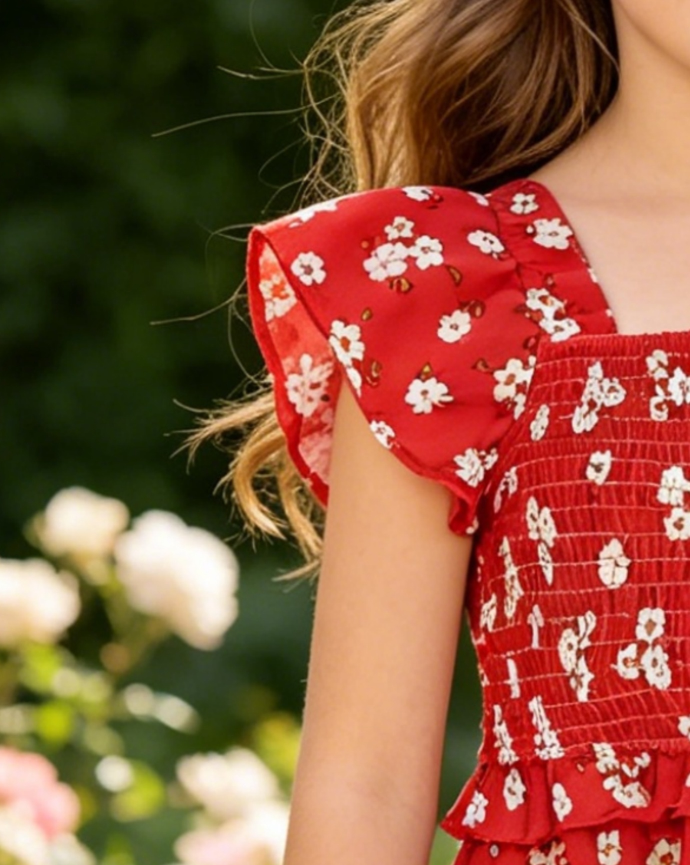 Girls Red Floral Print Cropped Cotton Trousers