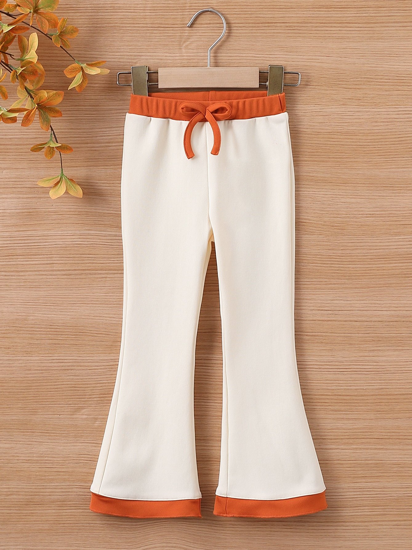 Girls Beige Plain Knit Flare Pants with Orange Waistband