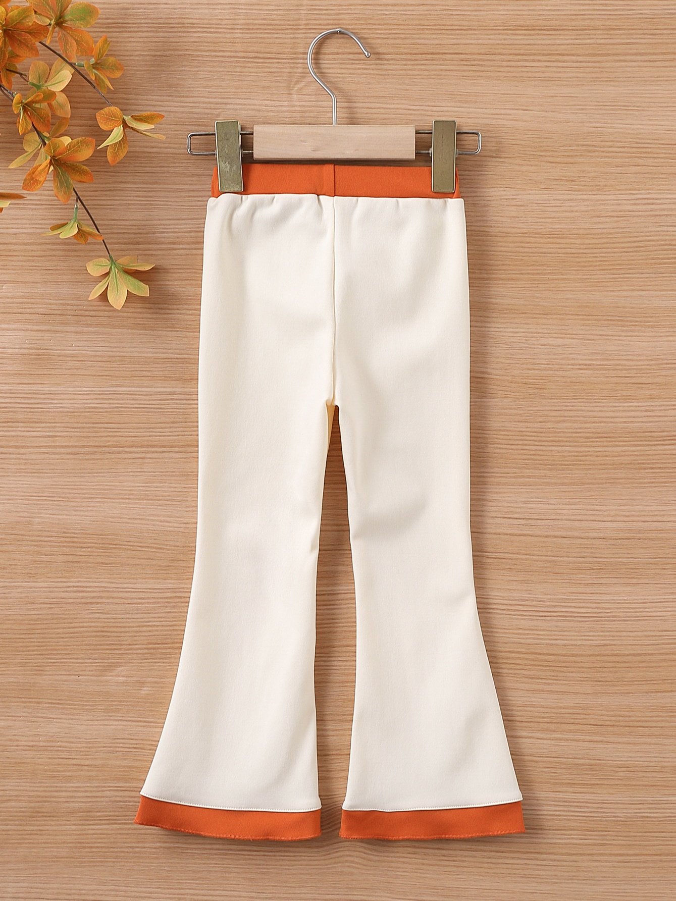 Girls Beige Plain Knit Flare Pants with Orange Waistband
