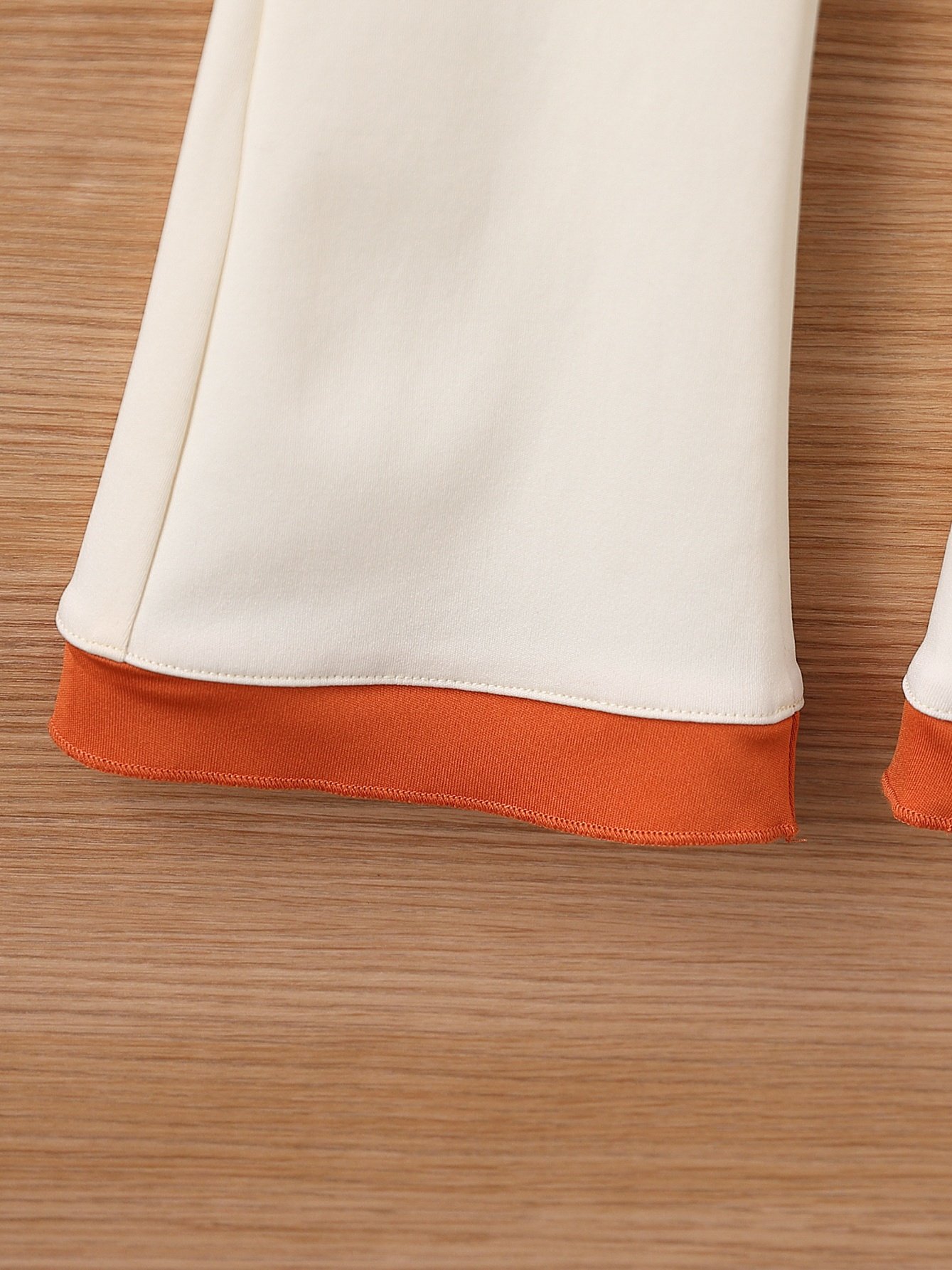 Girls Beige Plain Knit Flare Pants with Orange Waistband