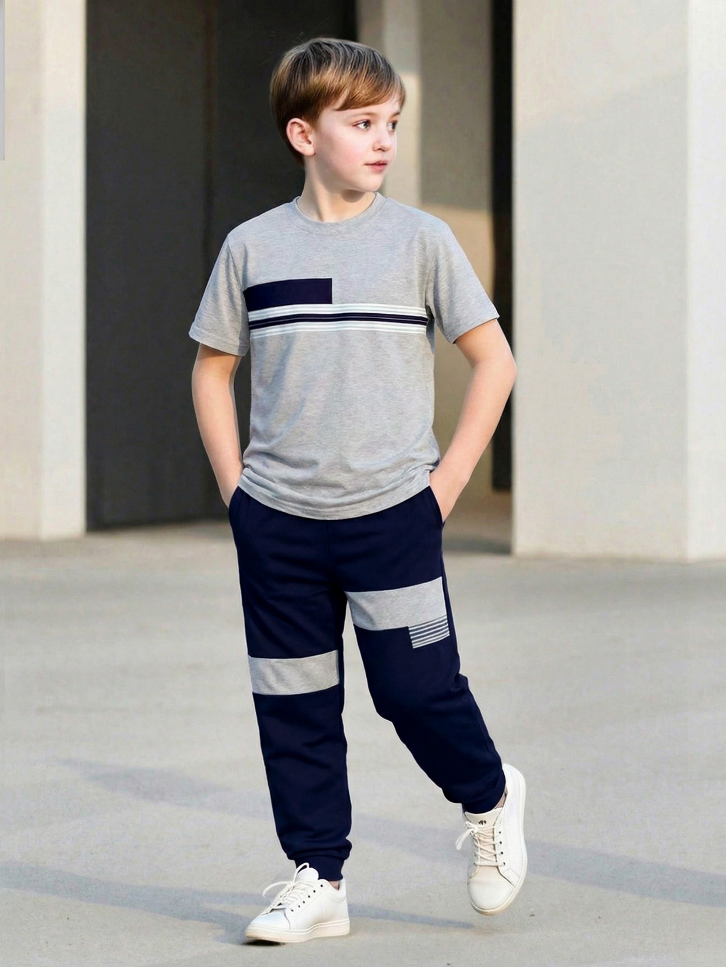 Boys Striped Polyester T-Shirt and Joggers Set
