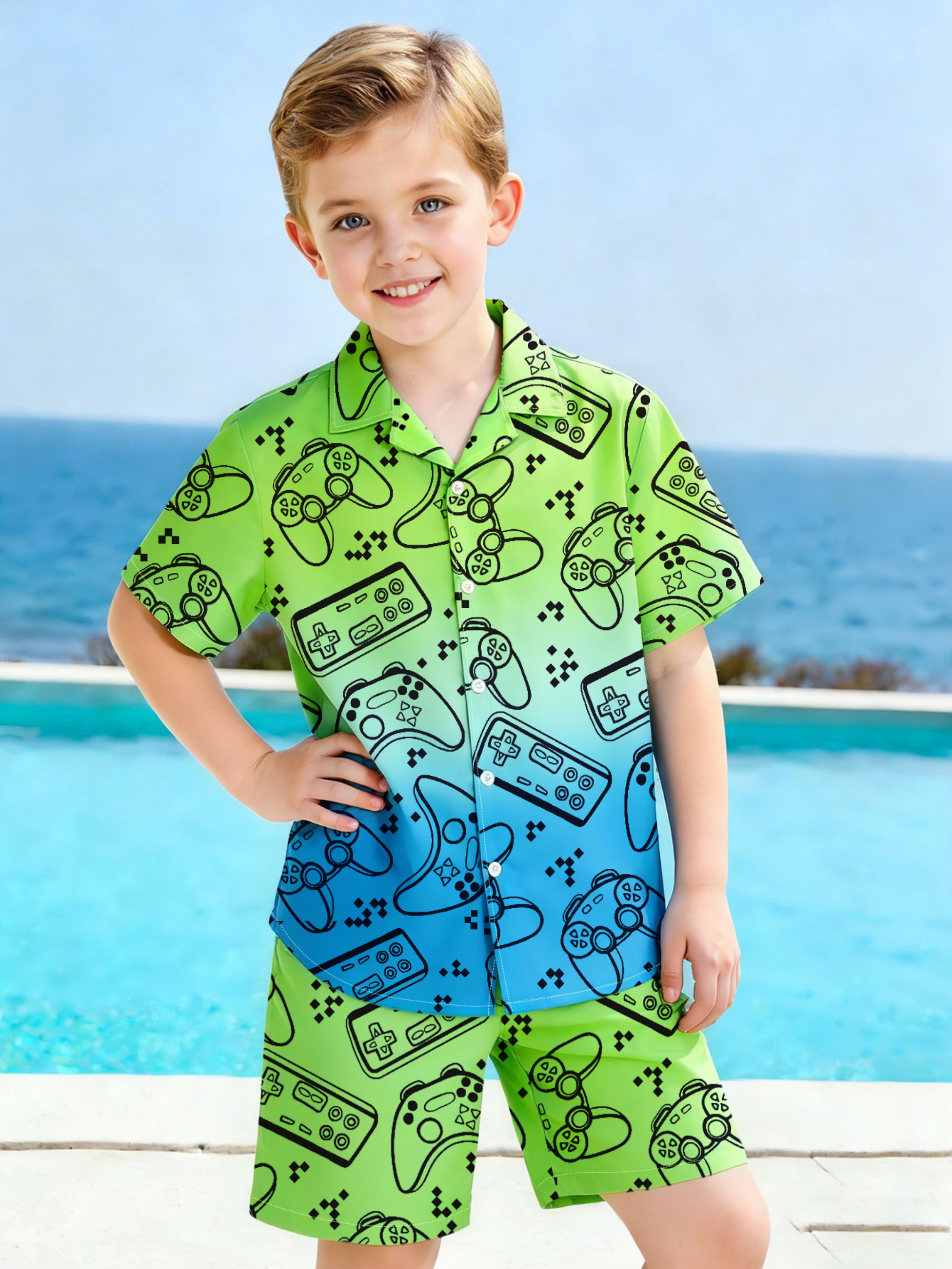 Boys Gamer Print Ombre Shirt and Shorts Set