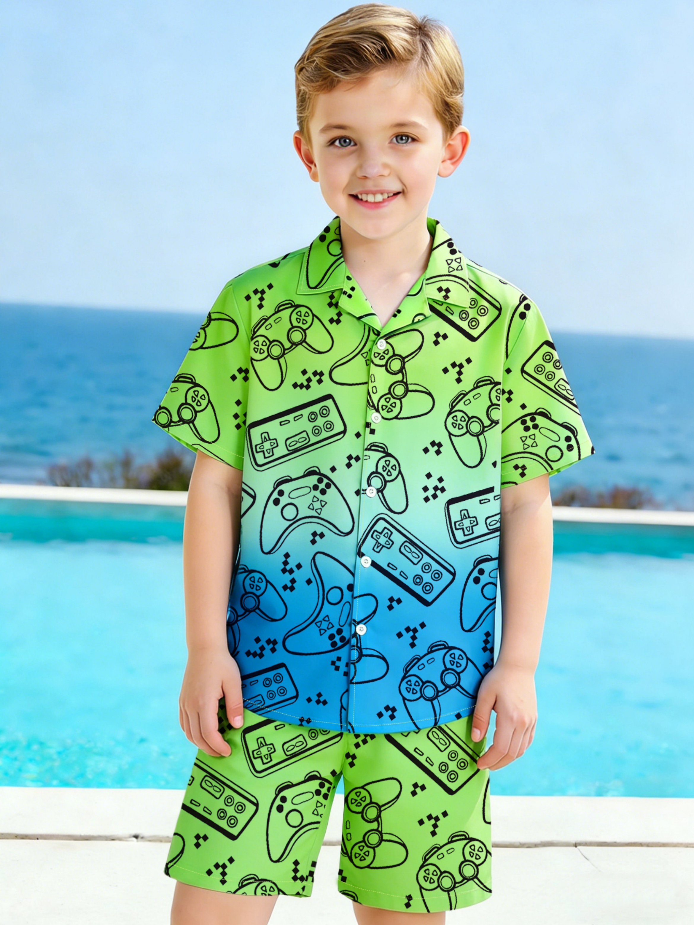 Boys Gamer Print Ombre Shirt and Shorts Set