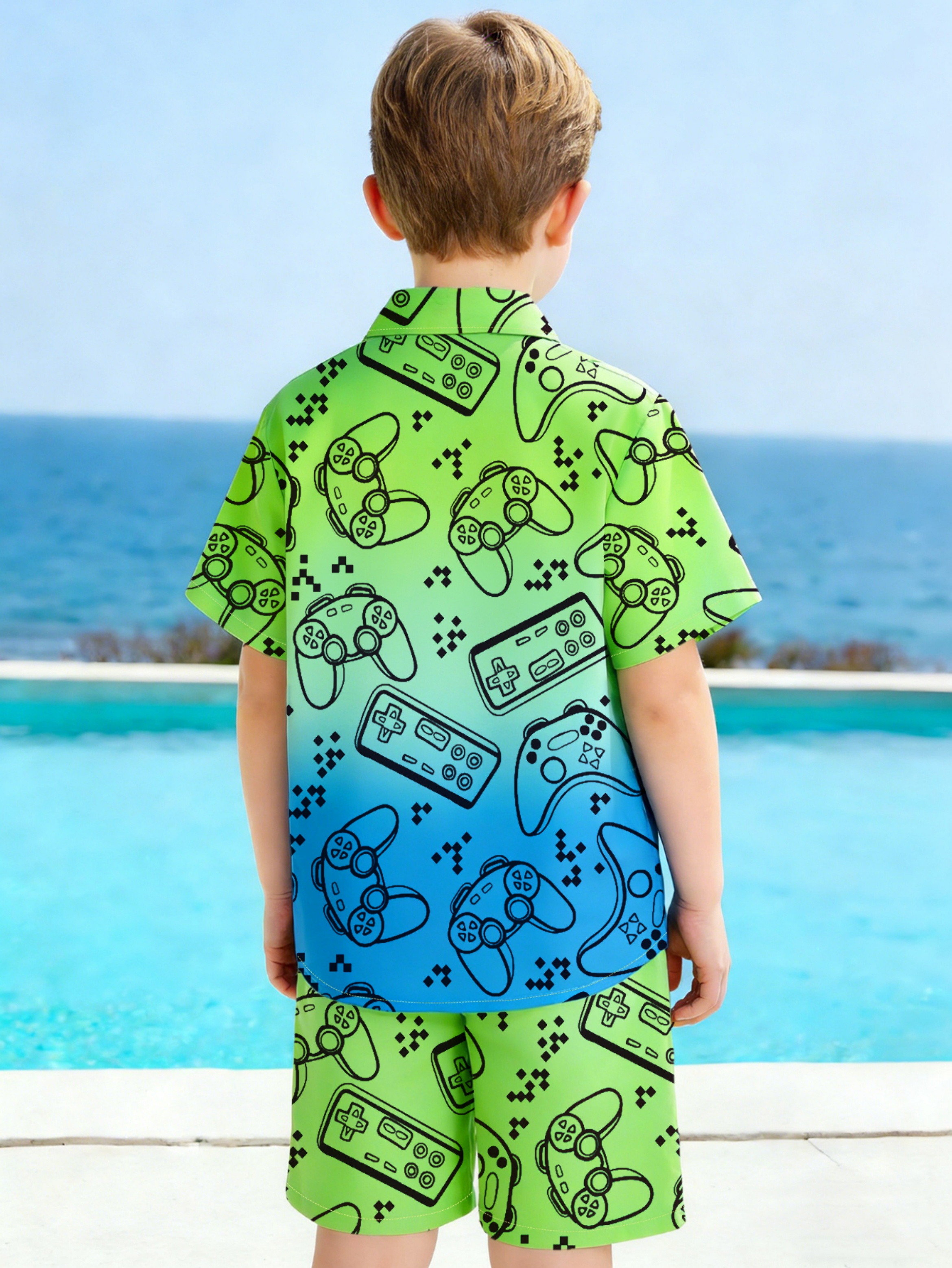 Boys Gamer Print Ombre Shirt and Shorts Set