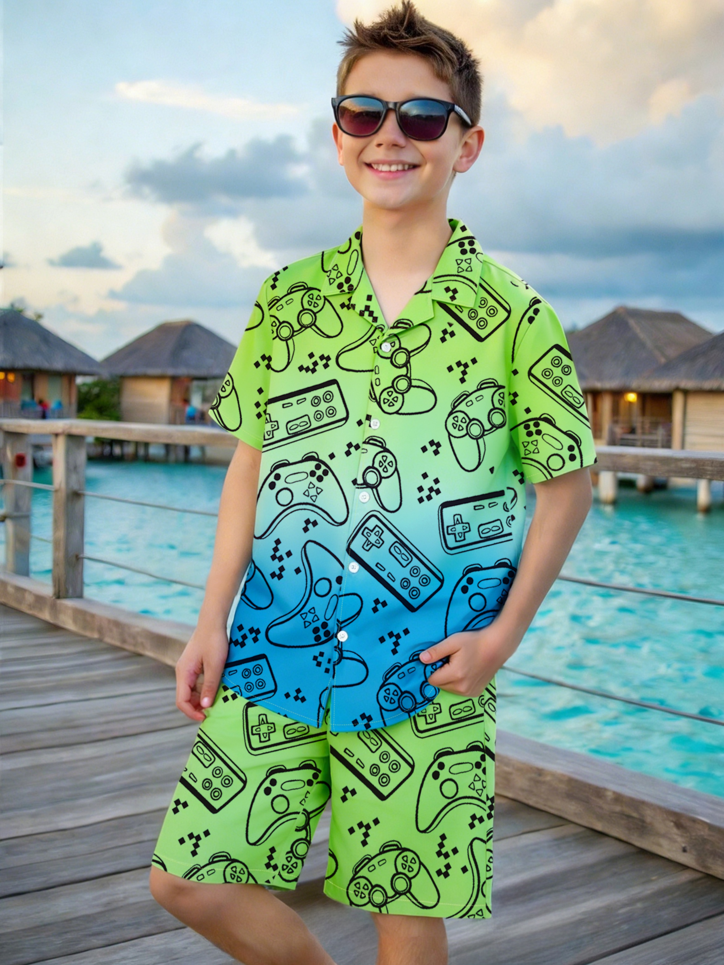 Boys Gamer Print Ombre Shirt and Shorts Set