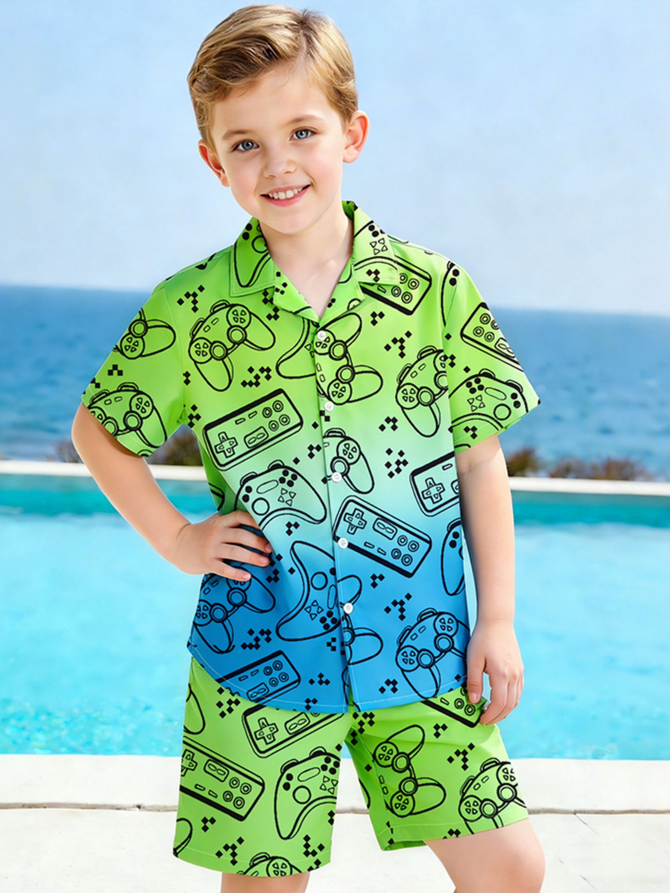 Boys Gamer Print Ombre Shirt and Shorts Set