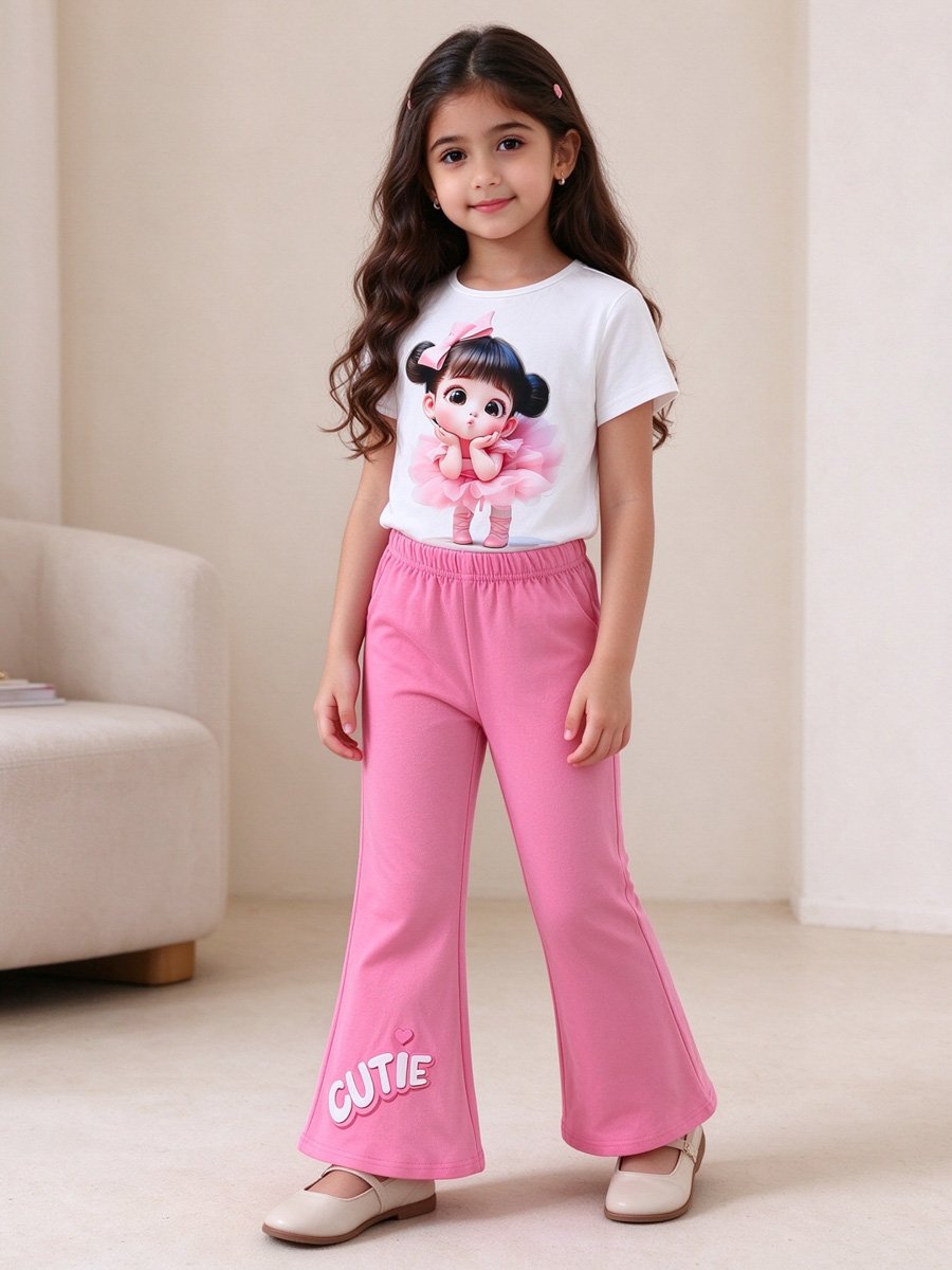 Girls Ballerina Graphic T-Shirt and Bell Bottom Pants Set
