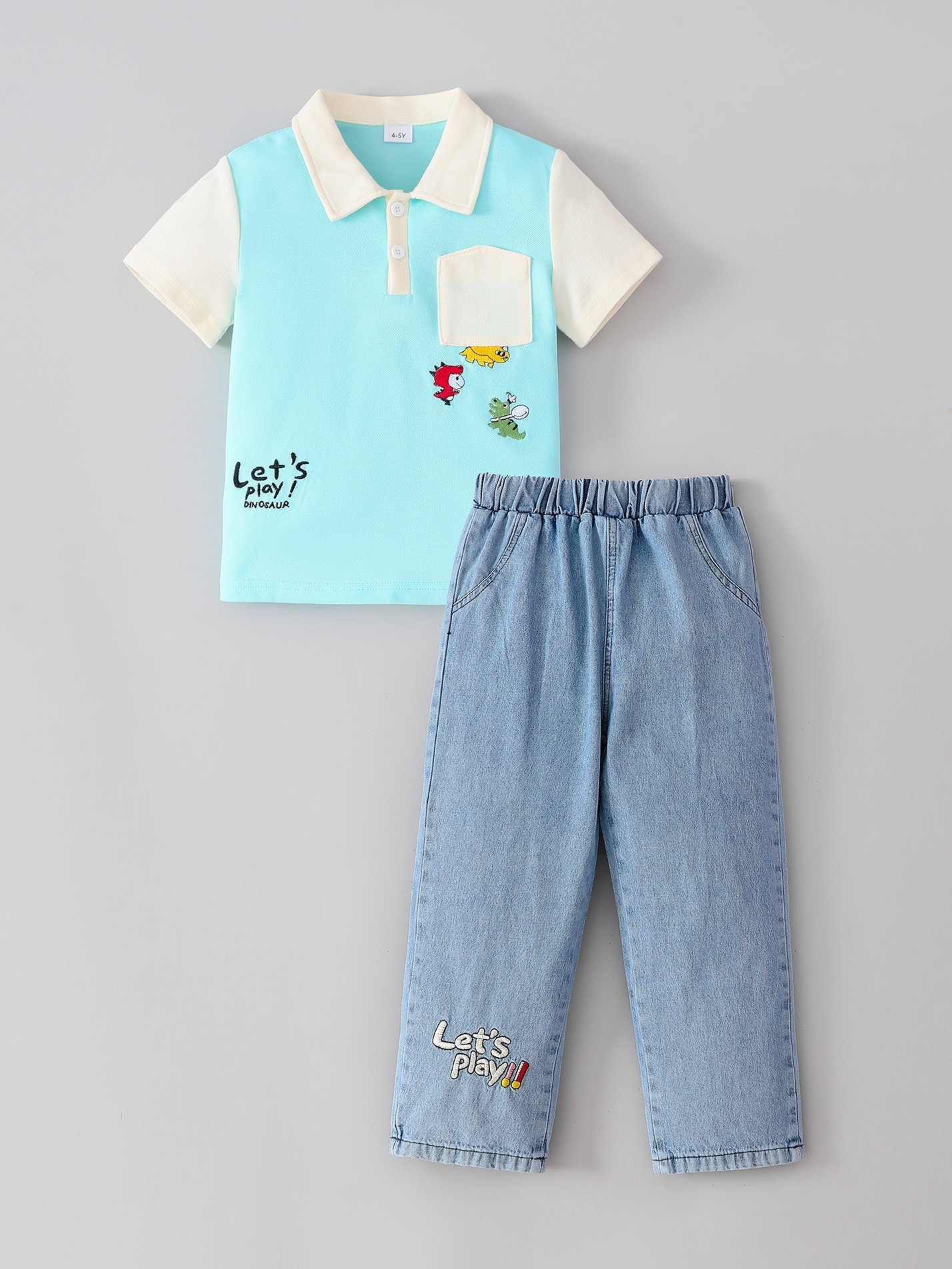 Boys Dino Print Polo T-Shirt and Denim Trousers Set