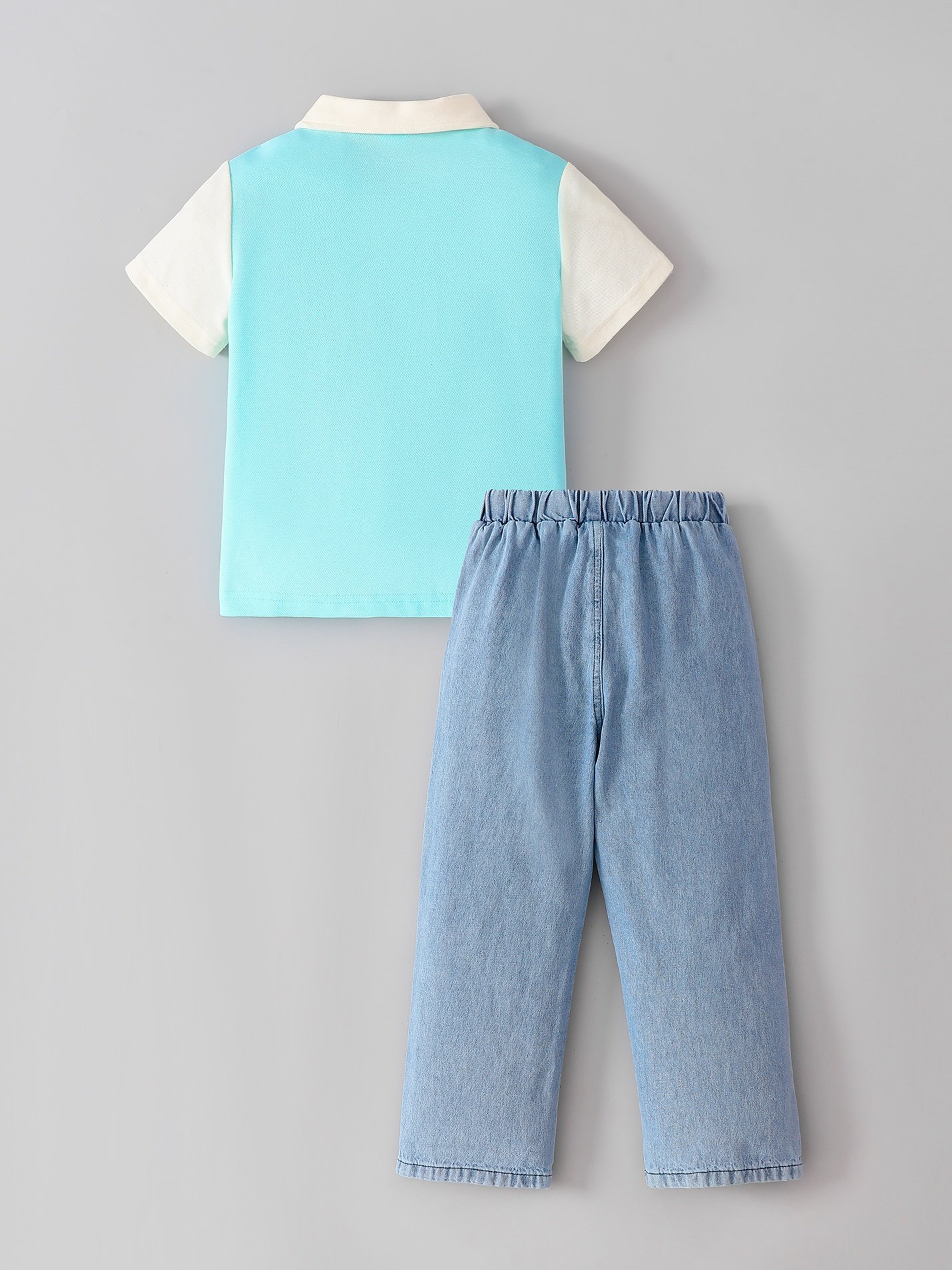 Boys Dino Print Polo T-Shirt and Denim Trousers Set
