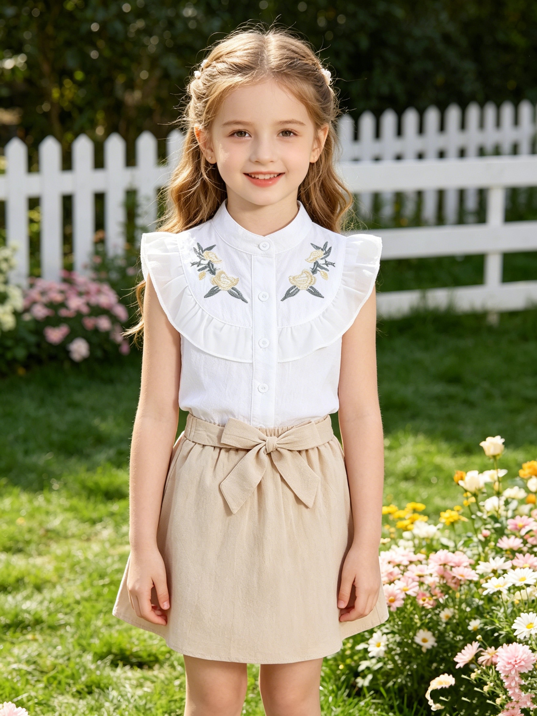 Girls Beige Sleeveless Embroidered Top and Skirt Set