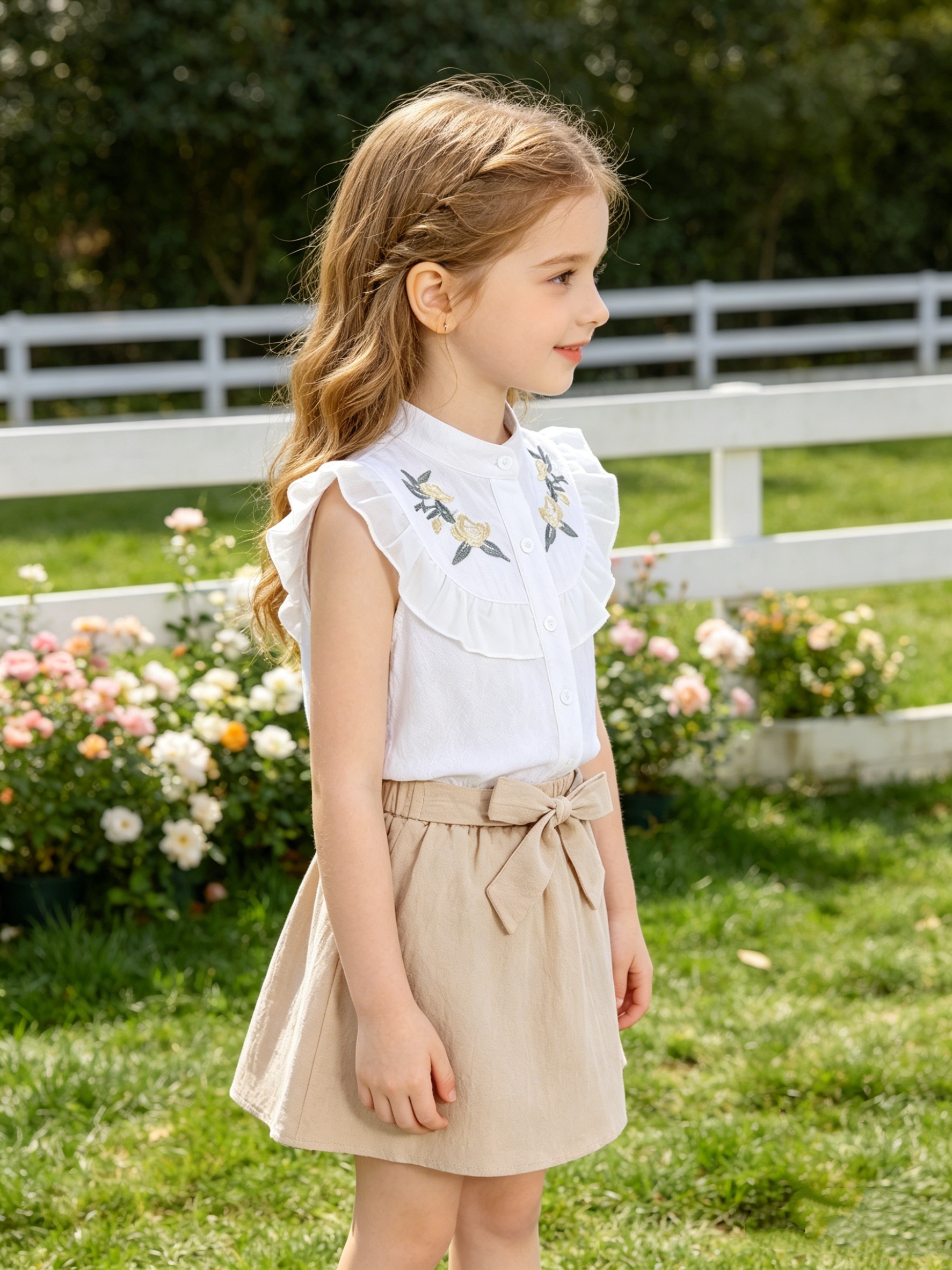 Girls Beige Sleeveless Embroidered Top and Skirt Set