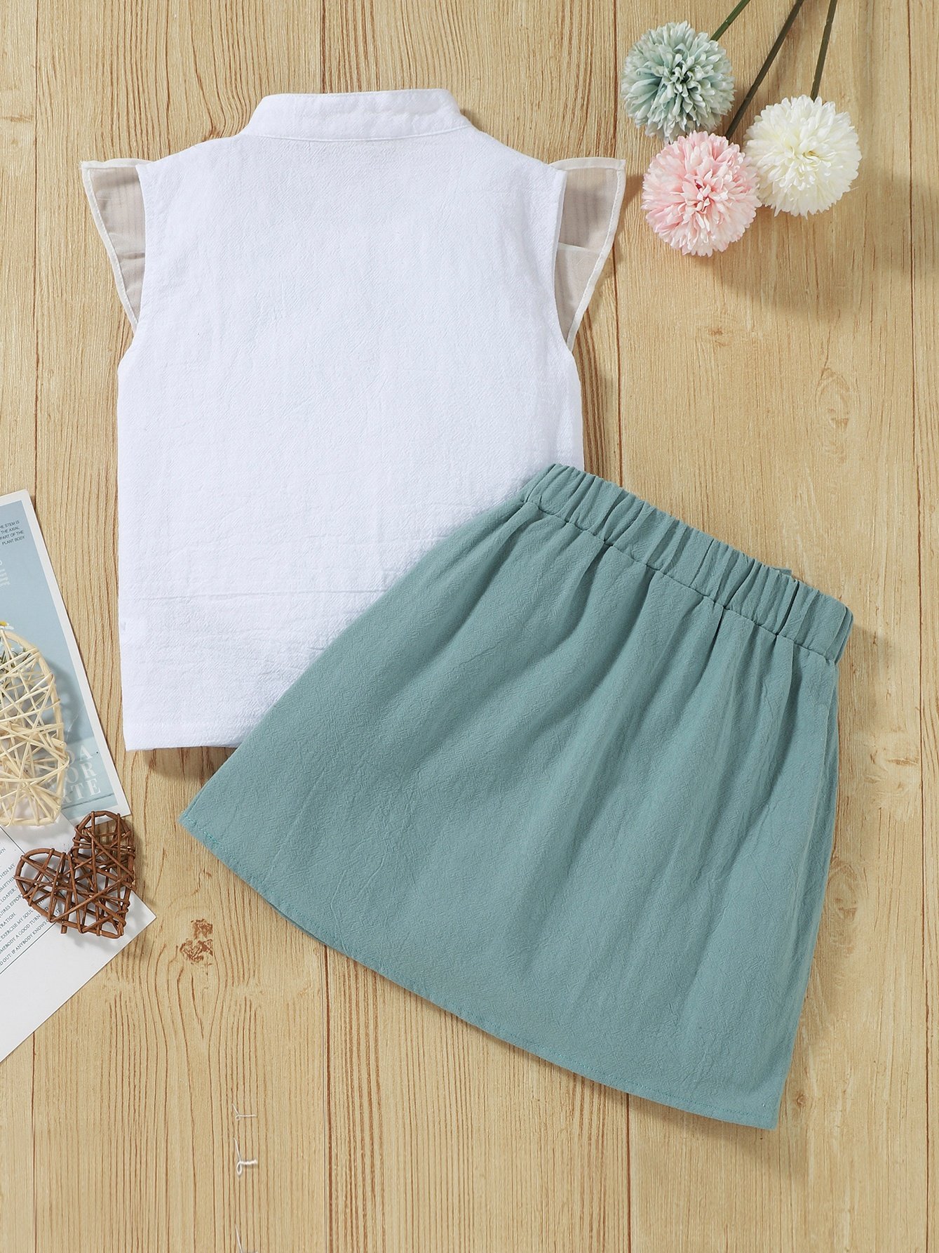 Girls Green Collared Embroidered Tank Top and Skirt Set