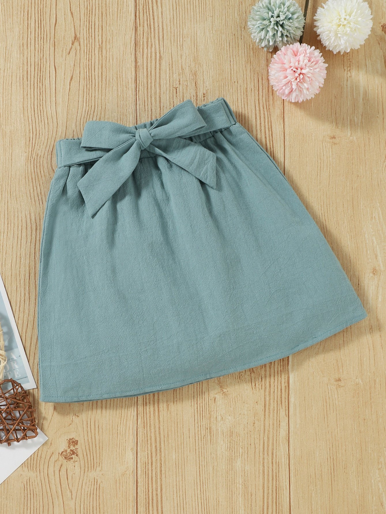 Girls Green Collared Embroidered Tank Top and Skirt Set