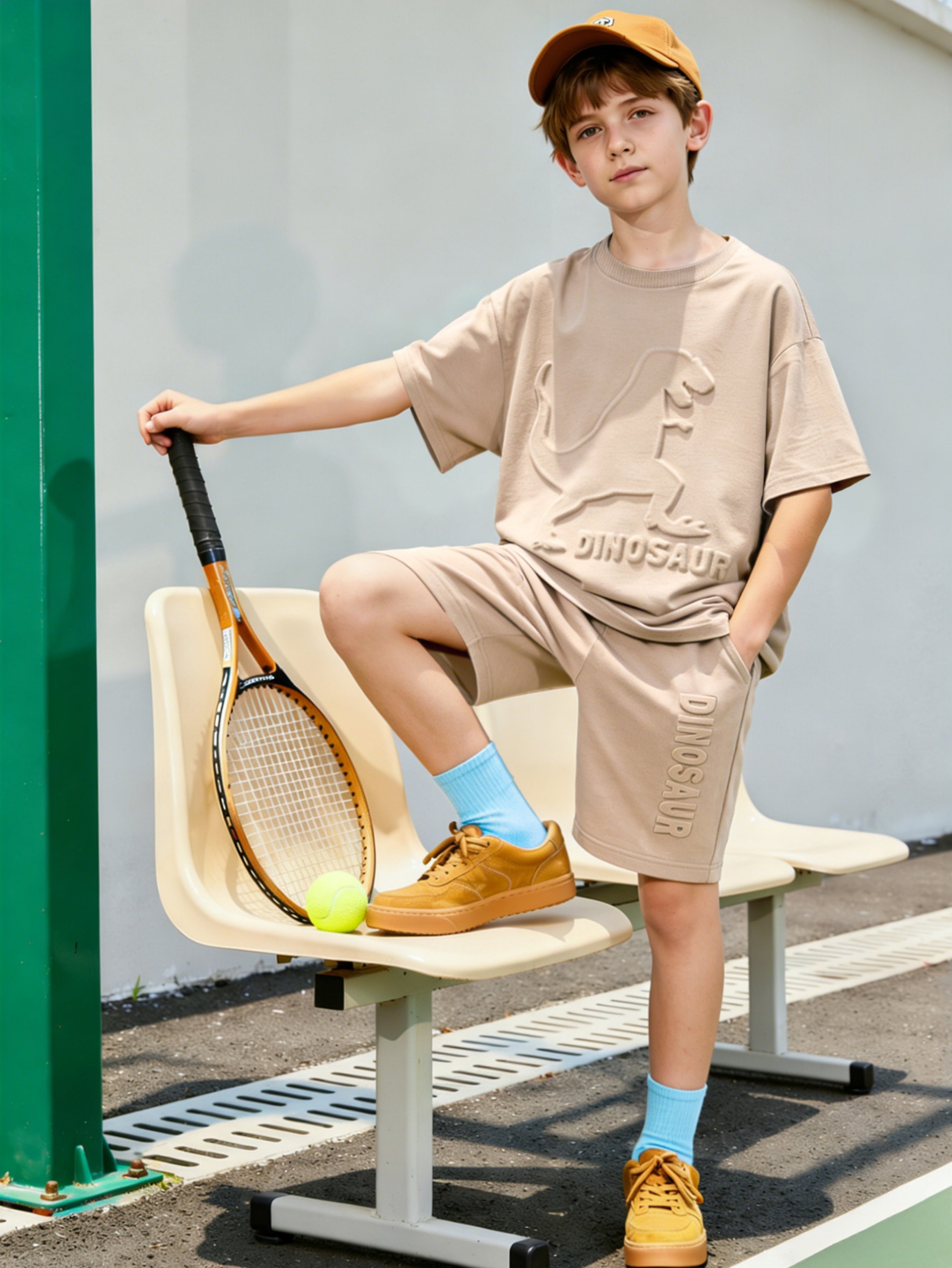 Boys Beige Textured Dinosaur T-Shirt and Shorts Set