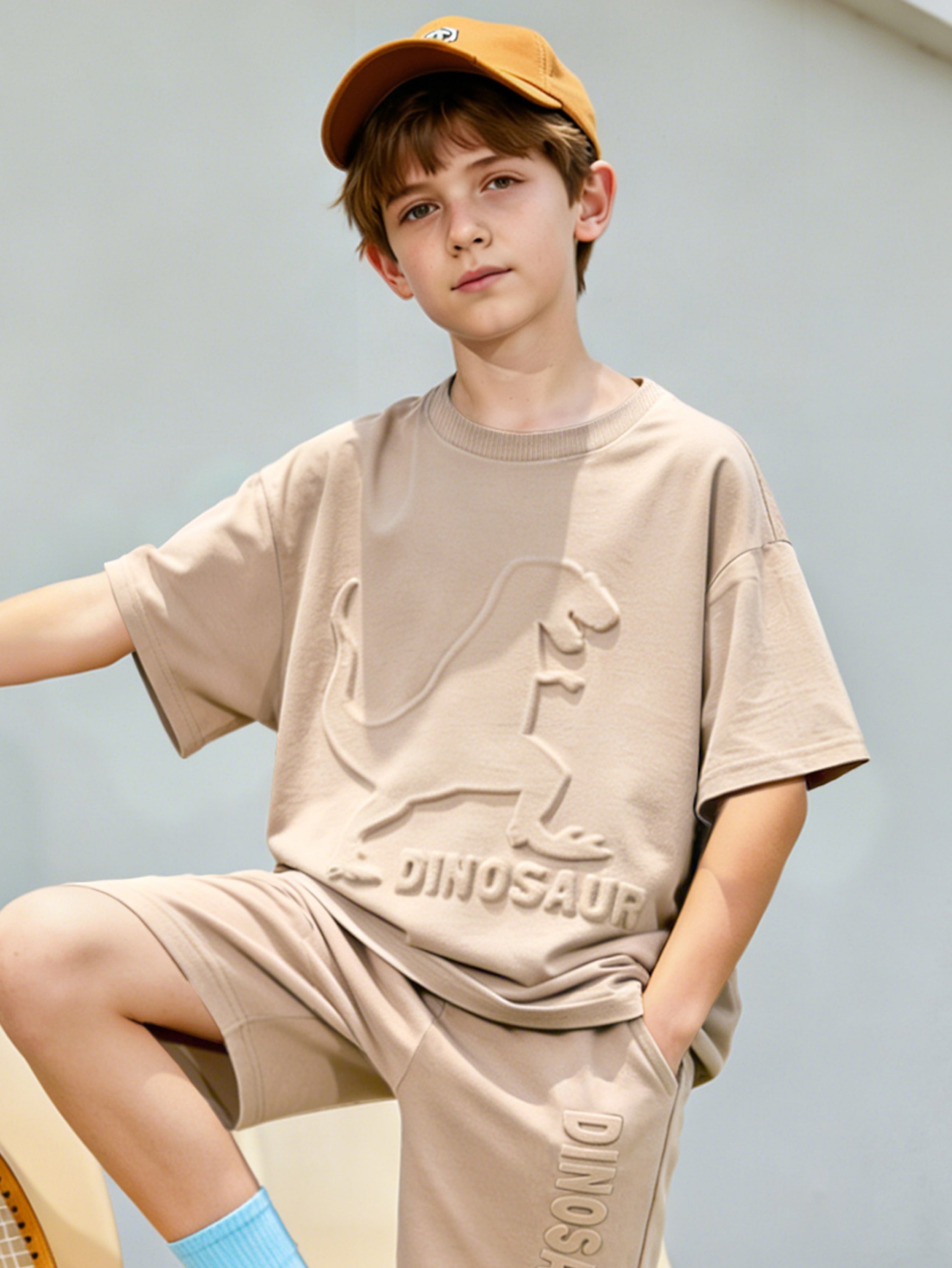 Boys Beige Textured Dinosaur T-Shirt and Shorts Set