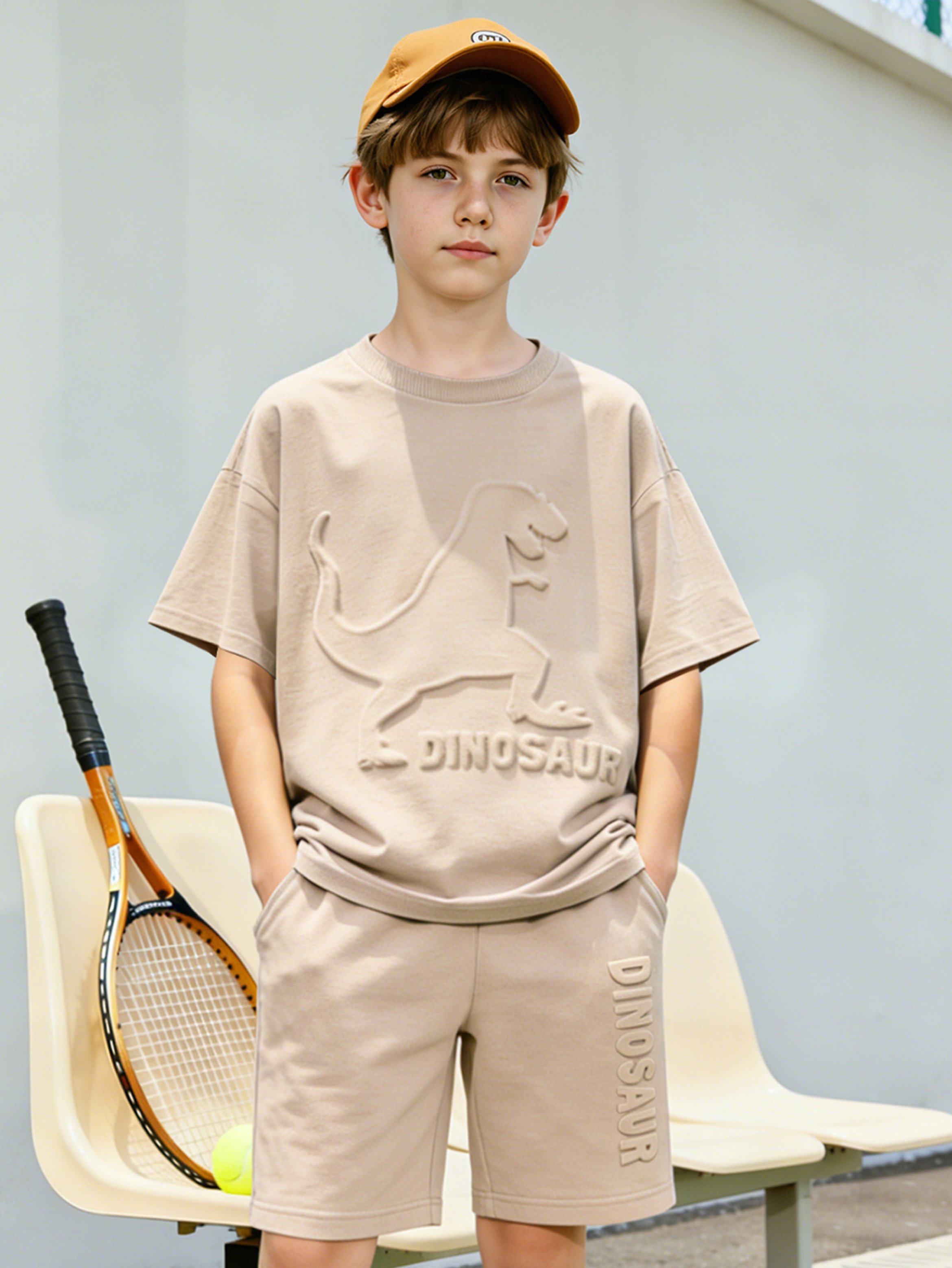 Boys Beige Textured Dinosaur T-Shirt and Shorts Set