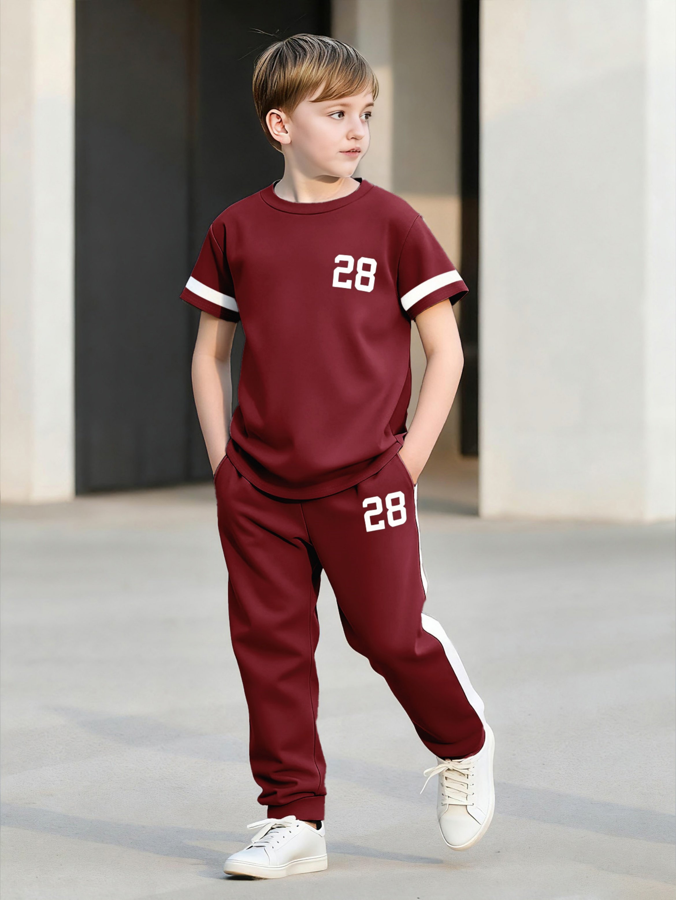 Boys Burgundy Polyester T-Shirt and Track Pants Set with Number Print