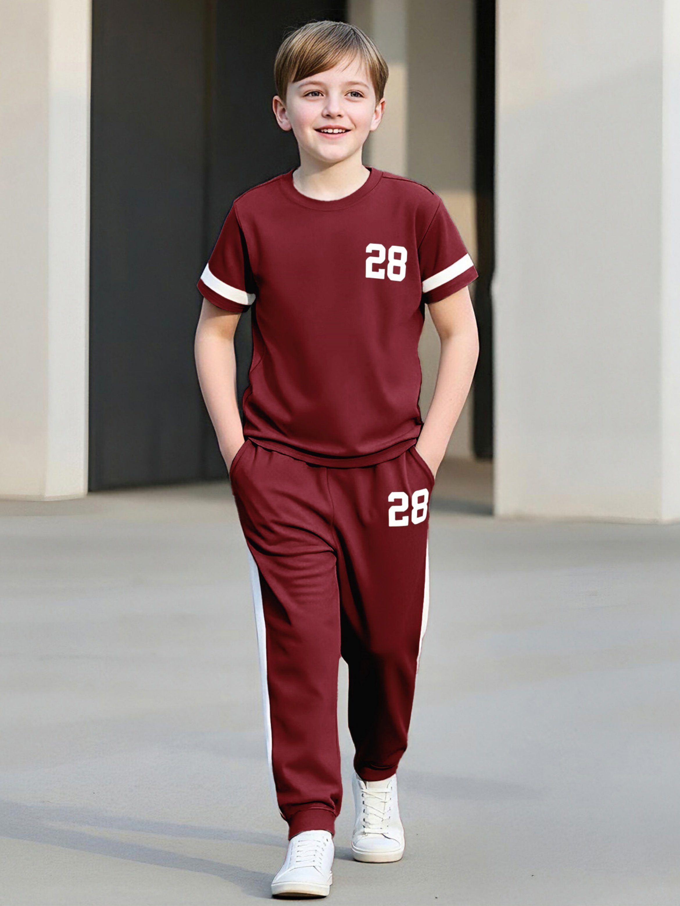 Boys Burgundy Polyester T-Shirt and Track Pants Set with Number Print