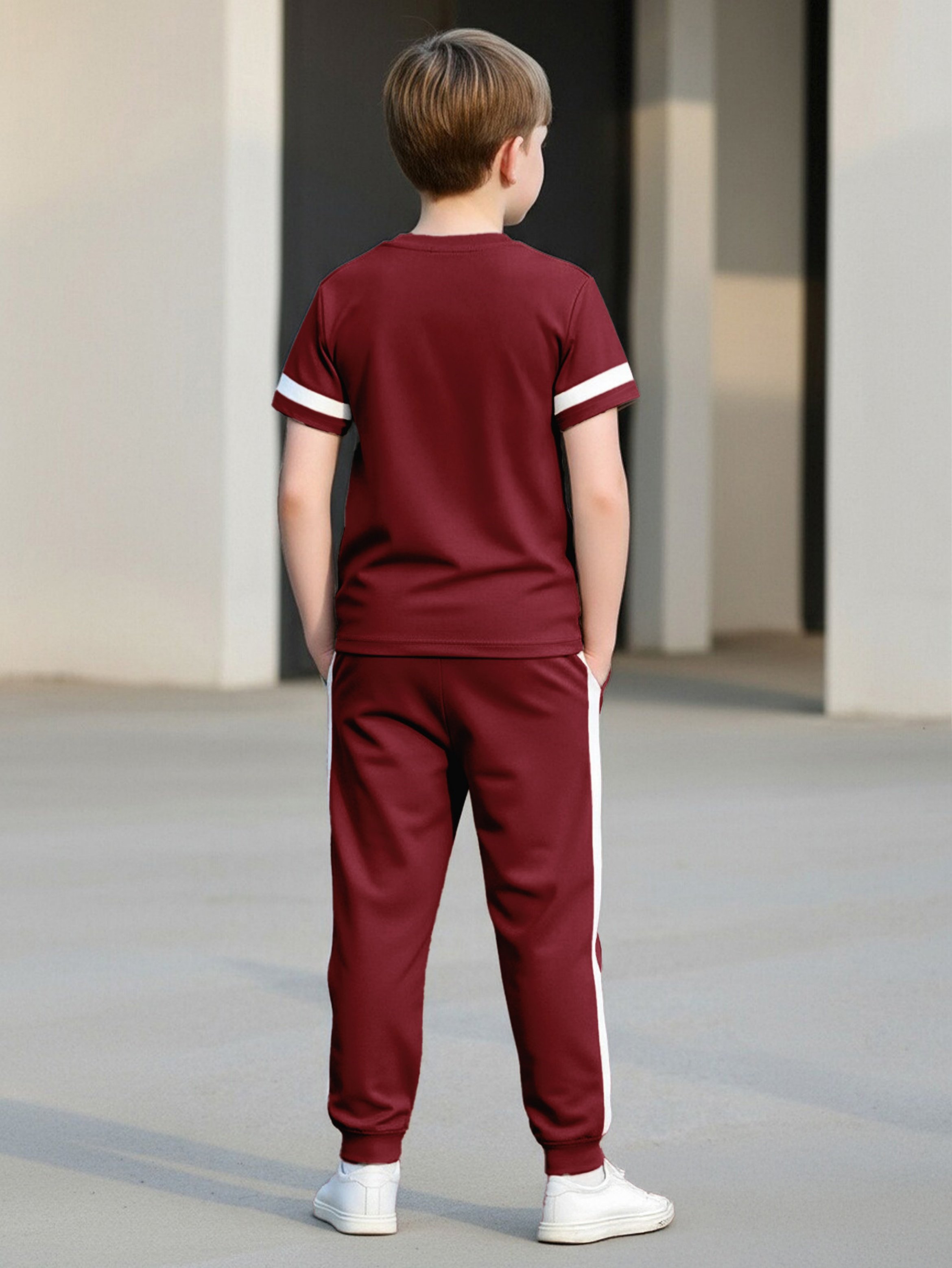 Boys Burgundy Polyester T-Shirt and Track Pants Set with Number Print