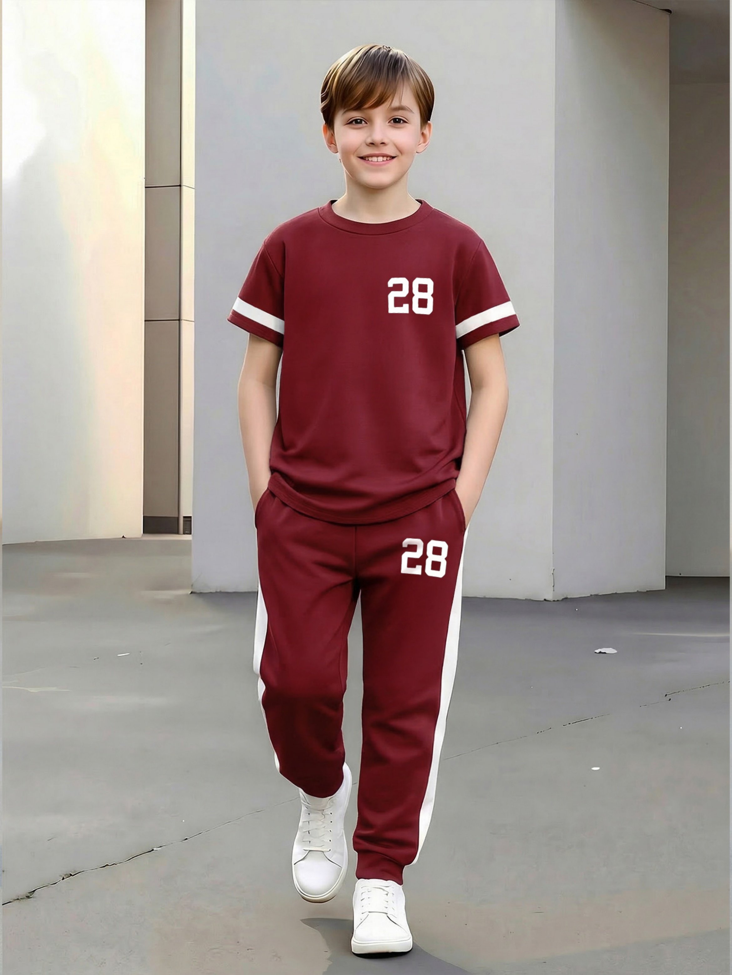 Boys Burgundy Polyester T-Shirt and Track Pants Set with Number Print
