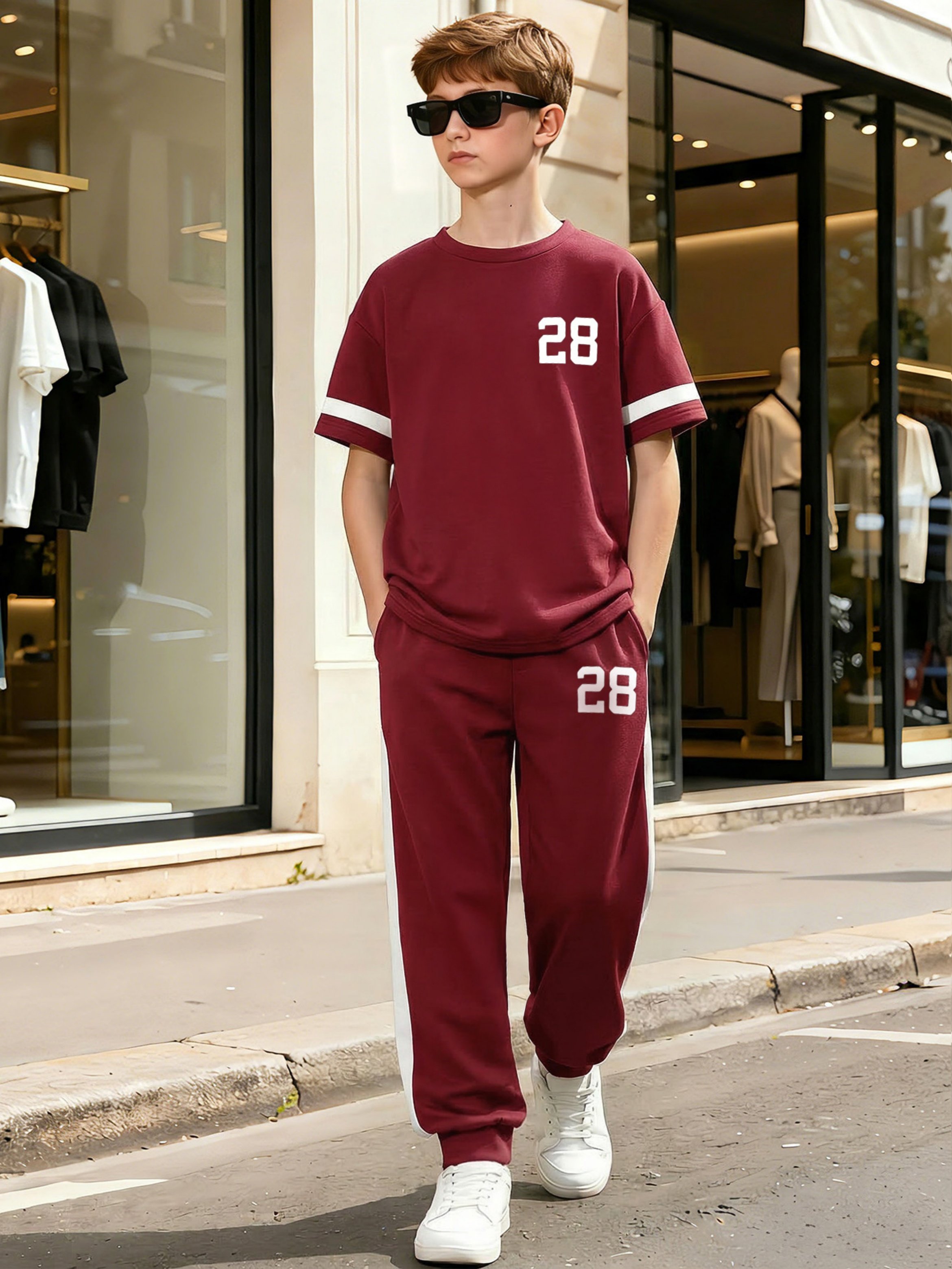 Boys Burgundy Polyester T-Shirt and Track Pants Set with Number Print