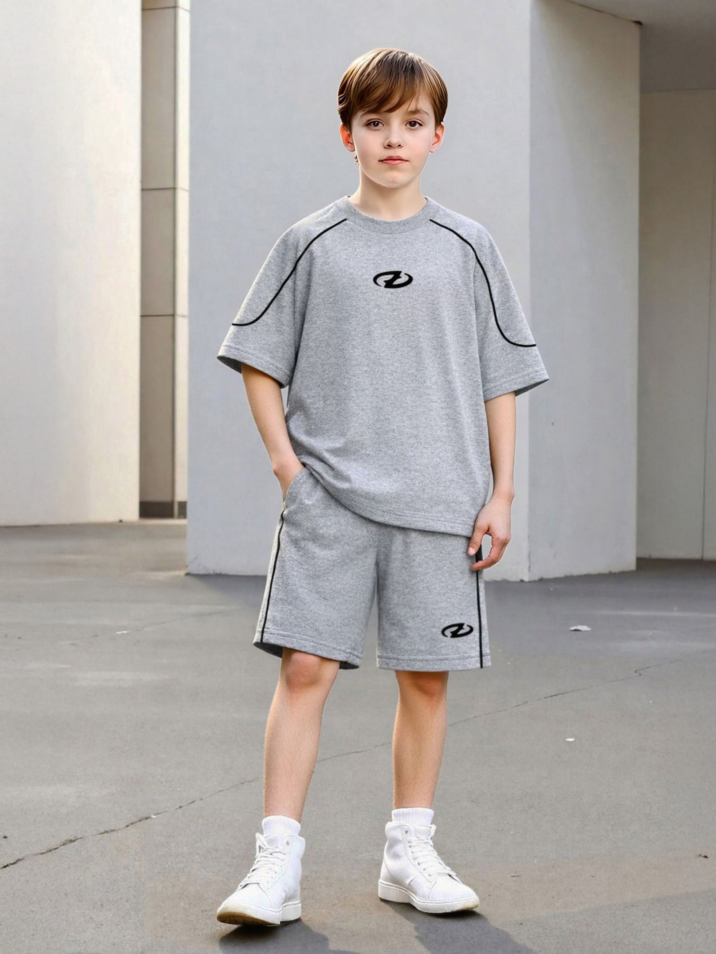 Boys Grey Polyester T-Shirt and Shorts Set