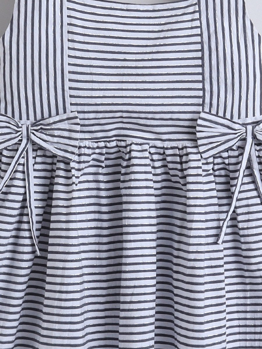 Girls Woven Striped Dress with Bow Detail