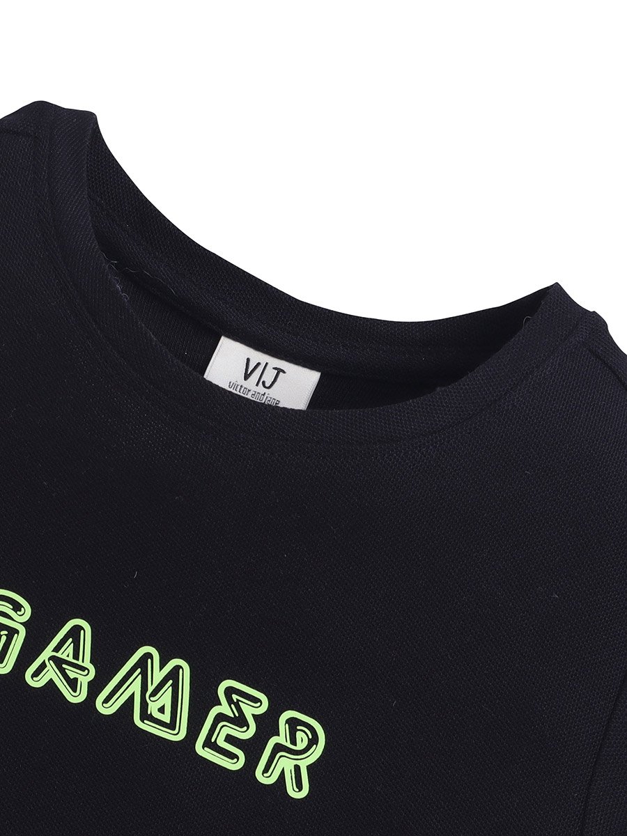 Boys Text Print Round Neck Pique T-Shirt