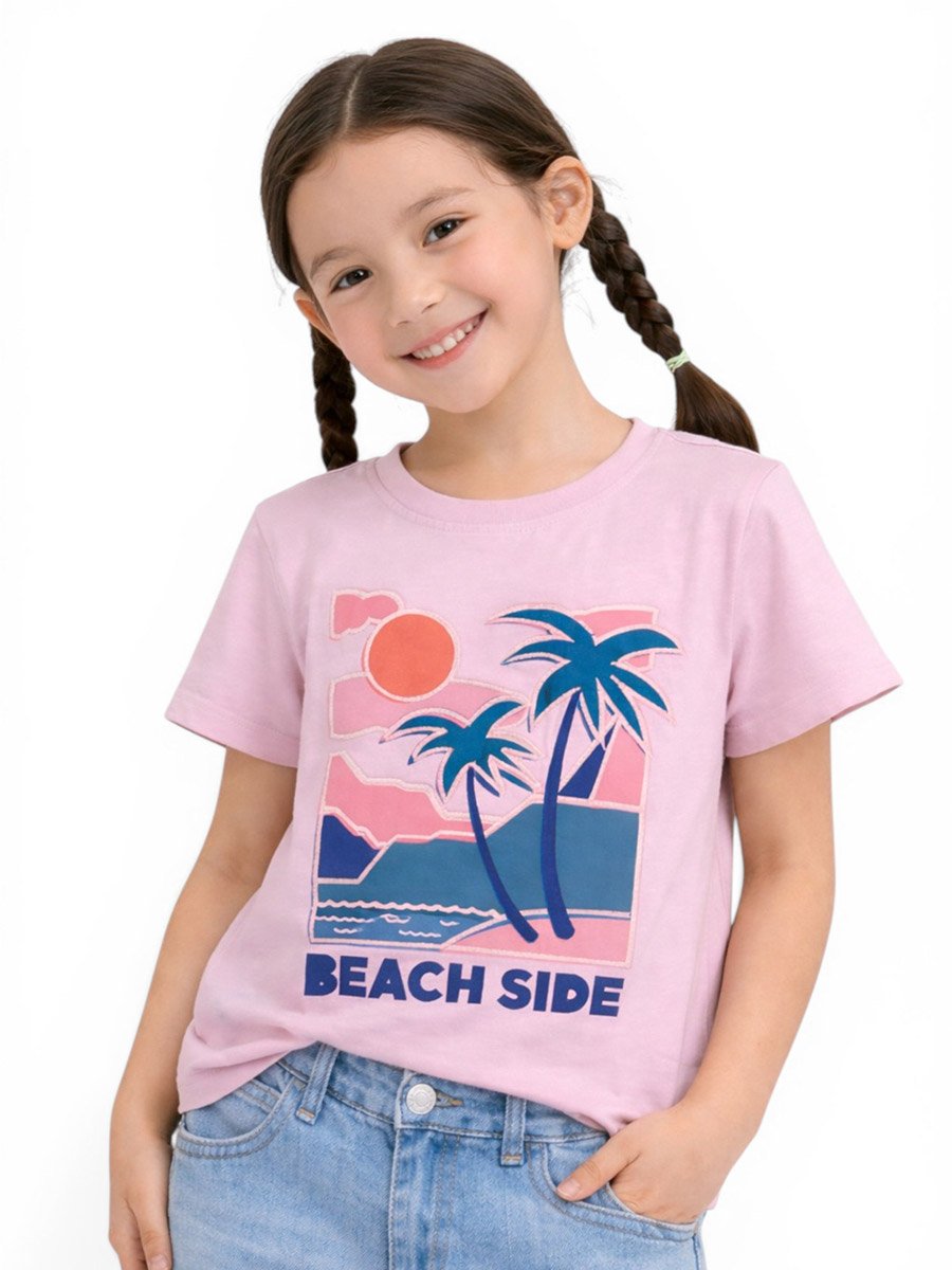 Girls Beach Graphic Round Neck T-Shirt