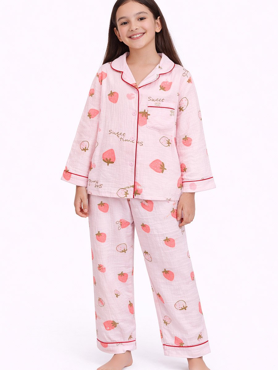 Girls 100% Cotton Muslin Strawberry Print Shirt and Pyjama Set