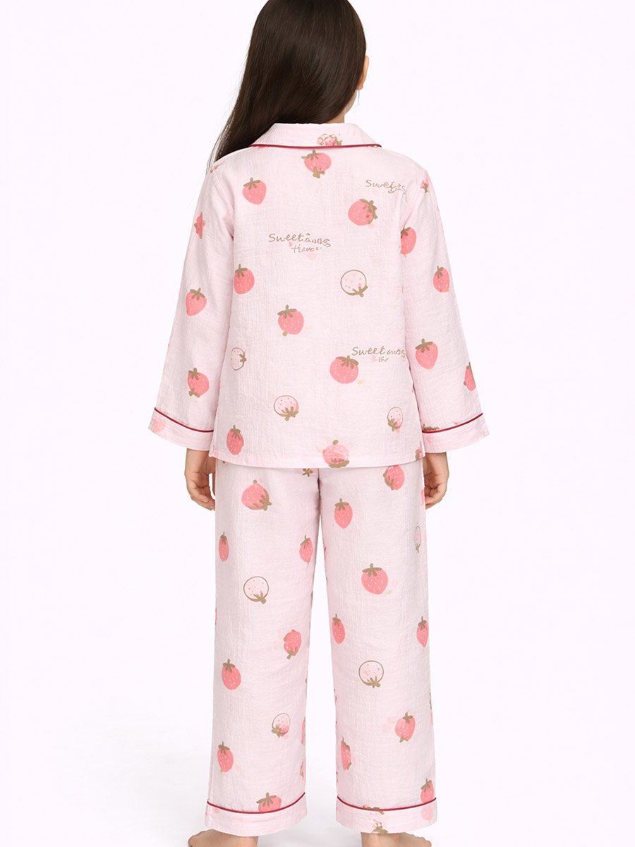 Girls 100% Cotton Muslin Strawberry Print Shirt and Pyjama Set