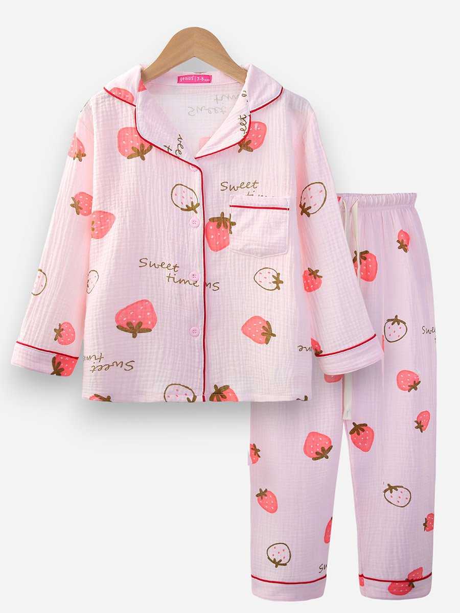 Girls 100% Cotton Muslin Strawberry Print Shirt and Pyjama Set