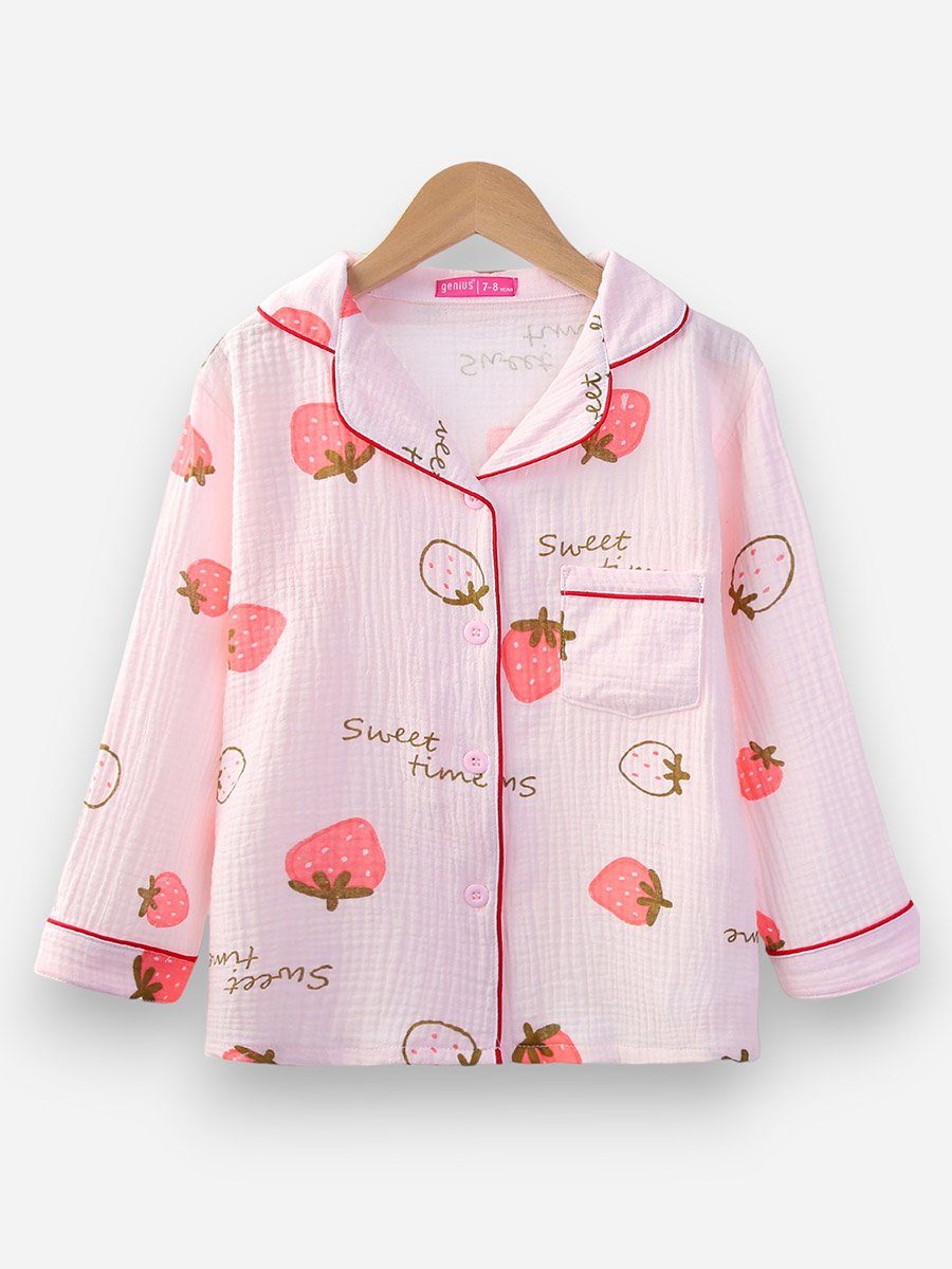 Girls 100% Cotton Muslin Strawberry Print Shirt and Pyjama Set