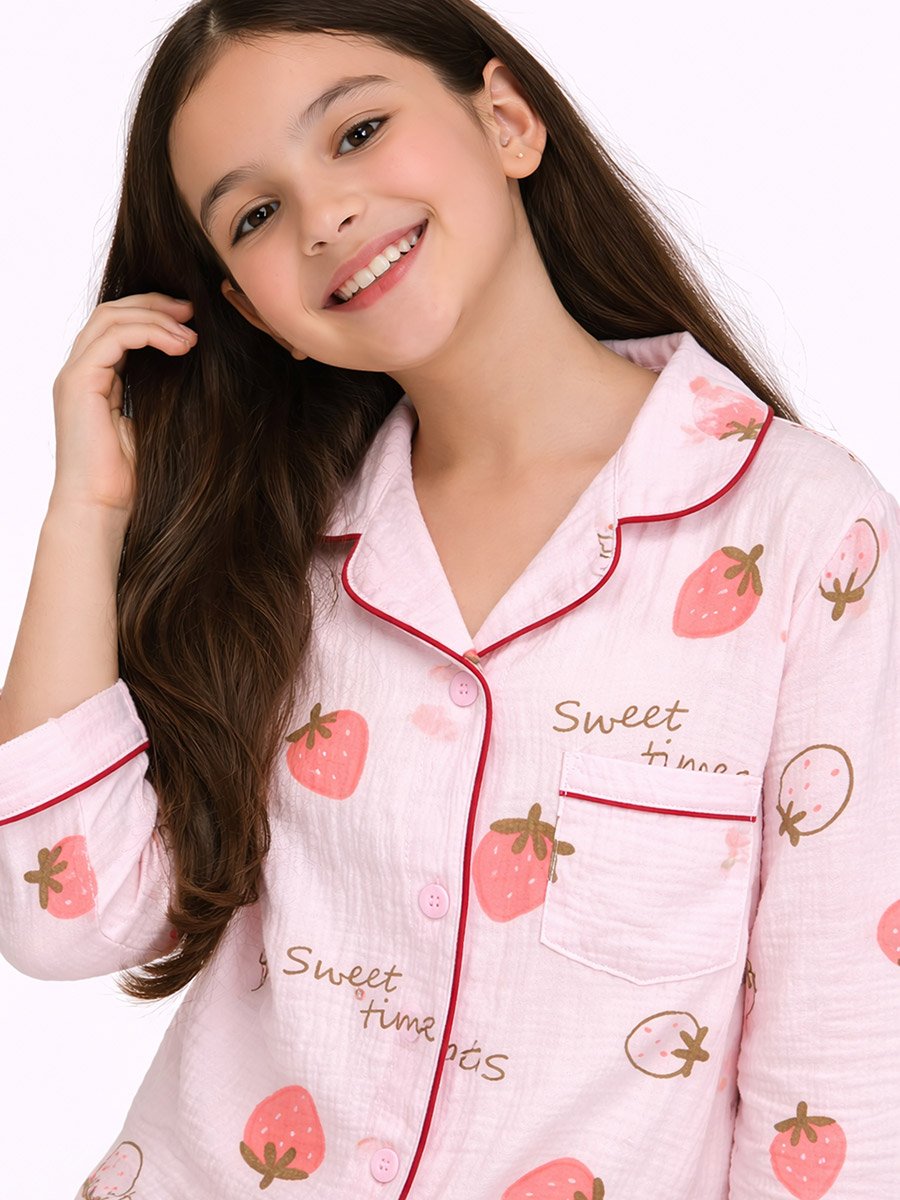 Girls 100% Cotton Muslin Strawberry Print Shirt and Pyjama Set