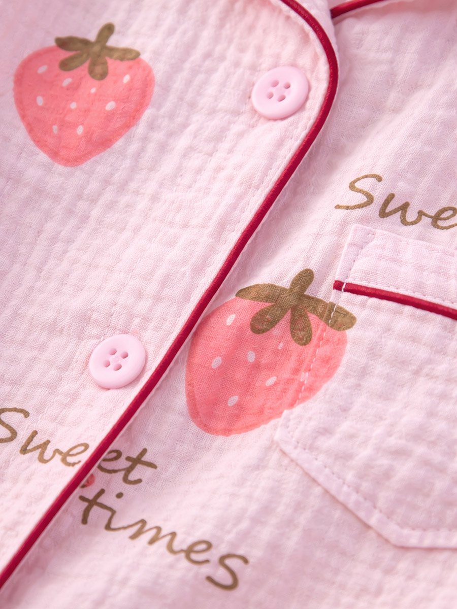 Girls 100% Cotton Muslin Strawberry Print Shirt and Pyjama Set