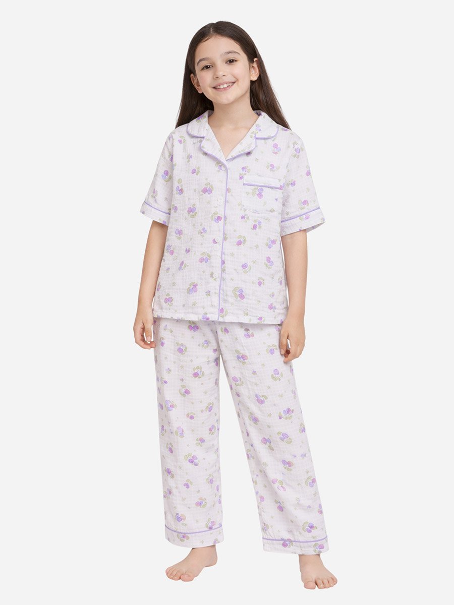 Girls Floral Print Muslin Cotton Shirt and Pyjama Set