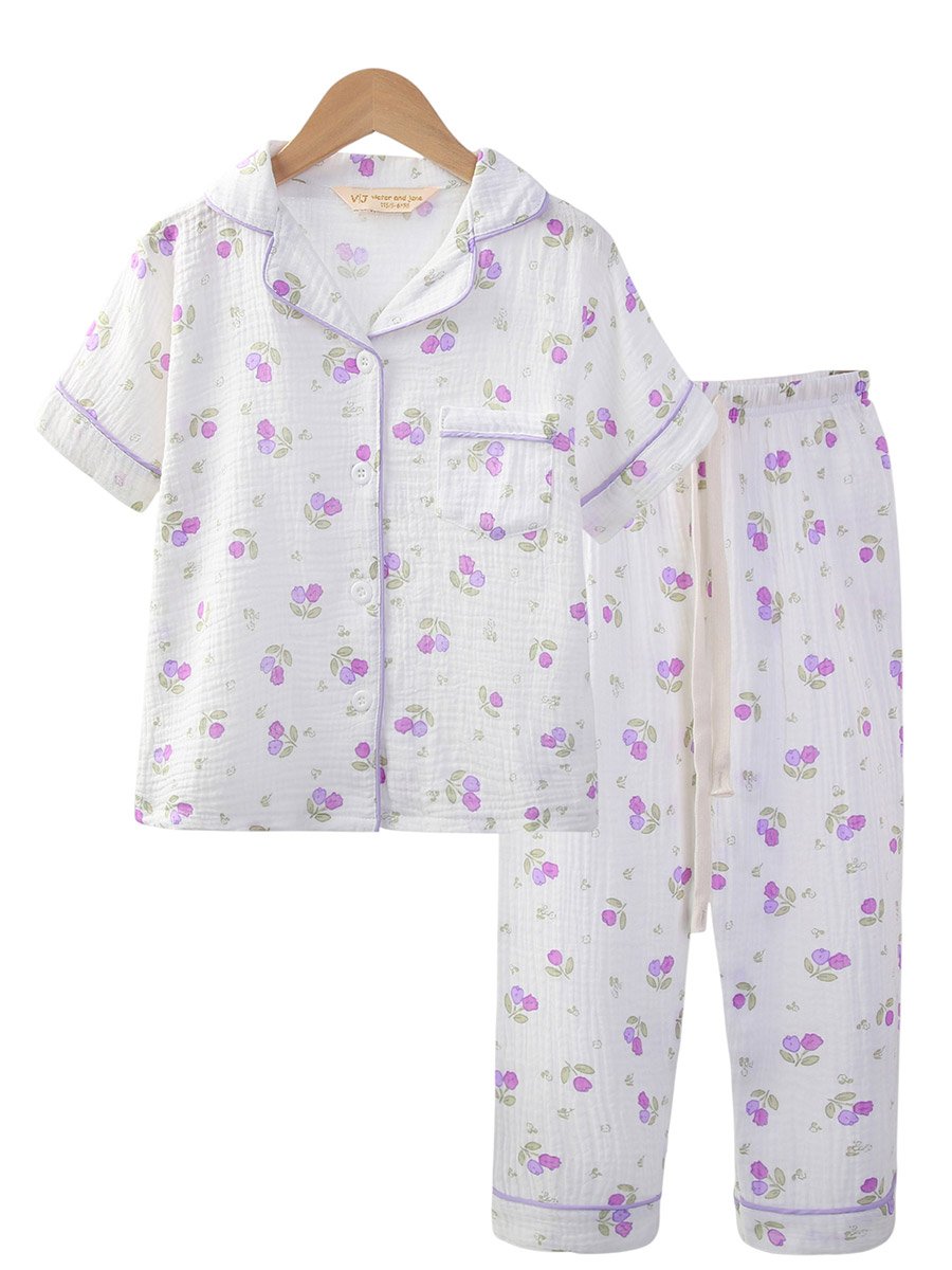 Girls Floral Print Muslin Cotton Shirt and Pyjama Set